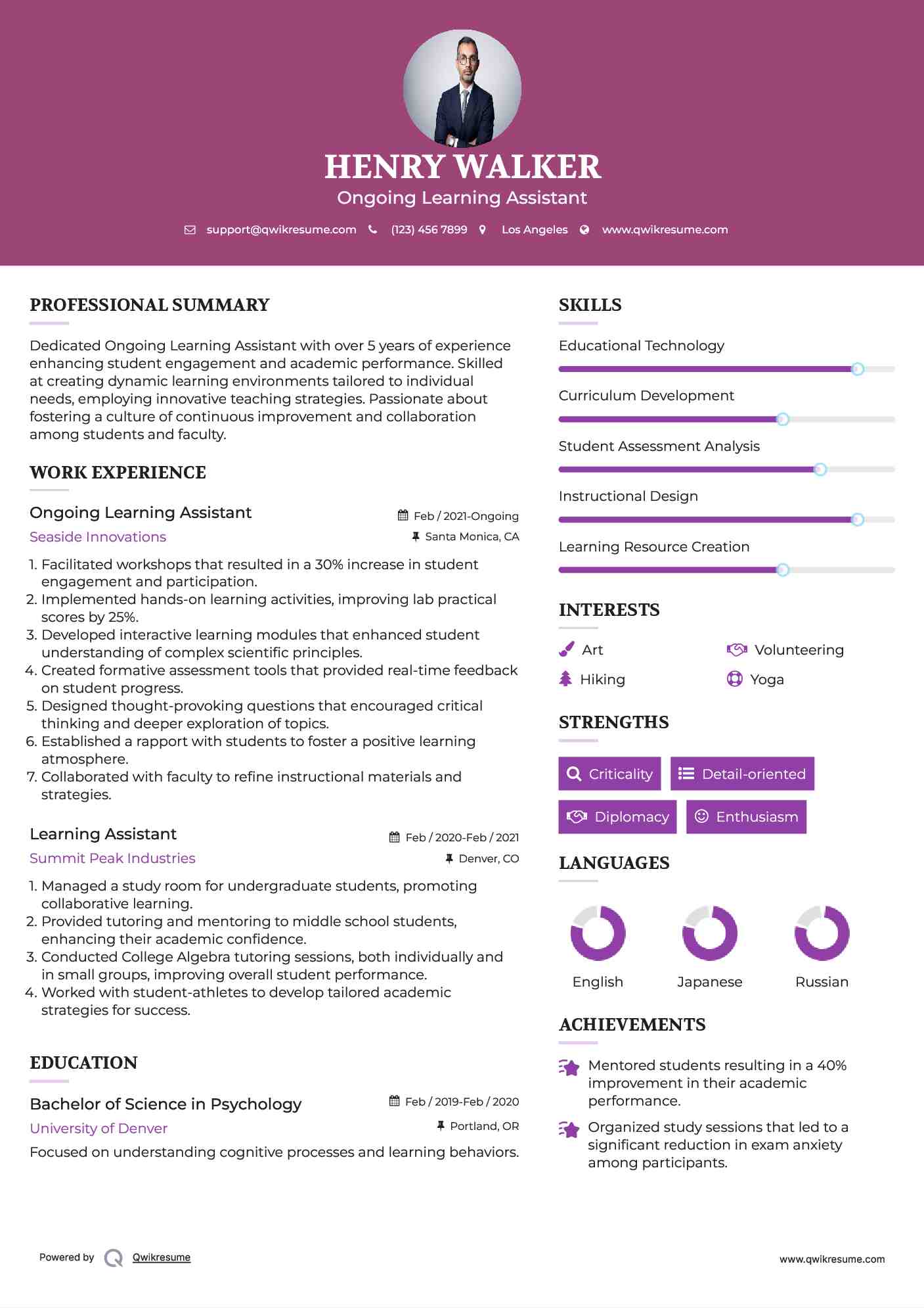 Ongoing Learning Assistant Resume Example