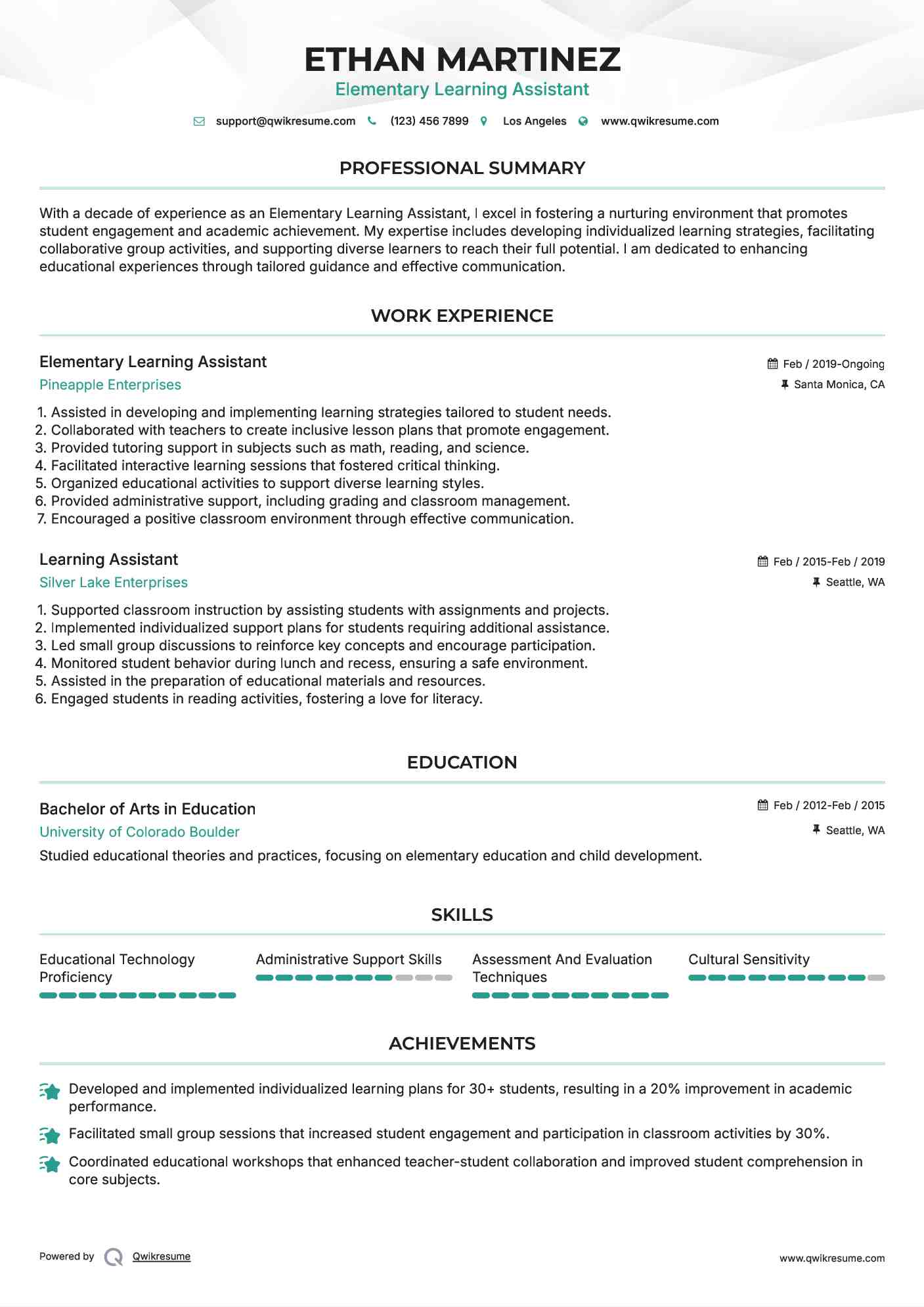 Elementary Learning Assistant
 Resume Model