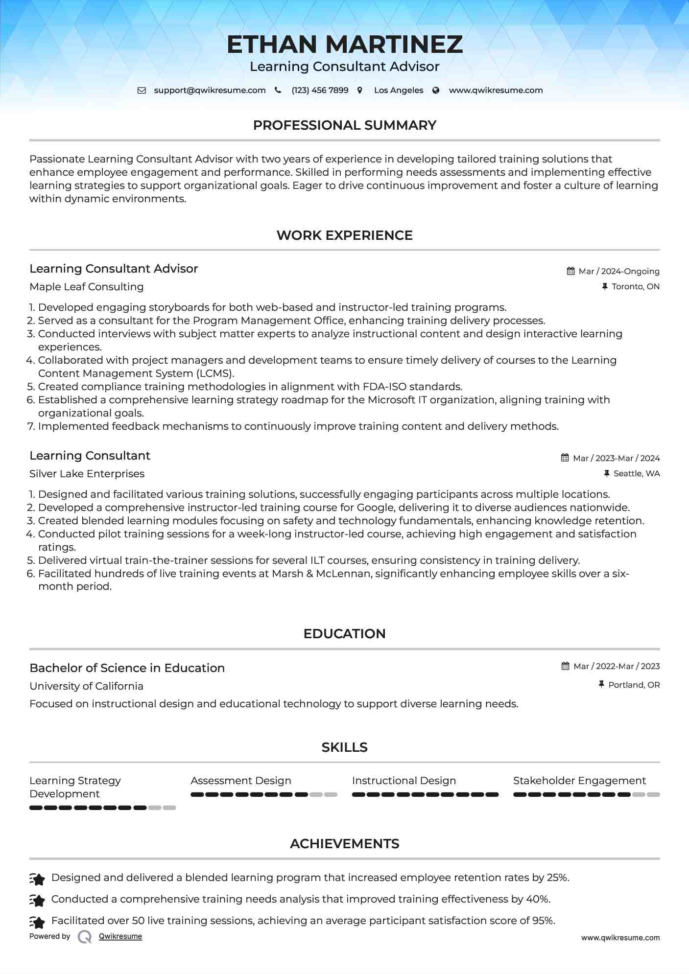 Learning Consultant Advisor Resume Example