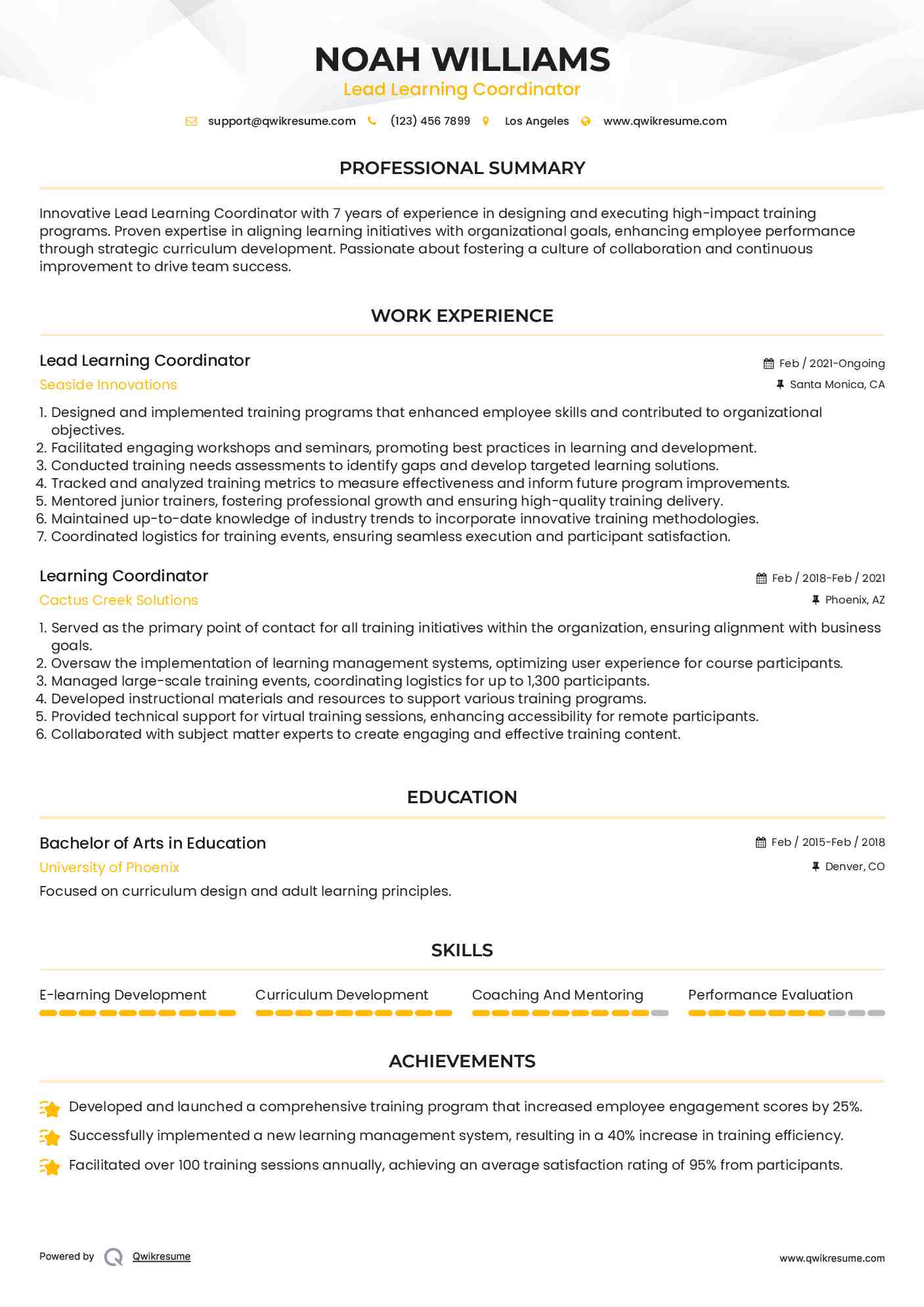 Lead Learning Coordinator
 Resume Model