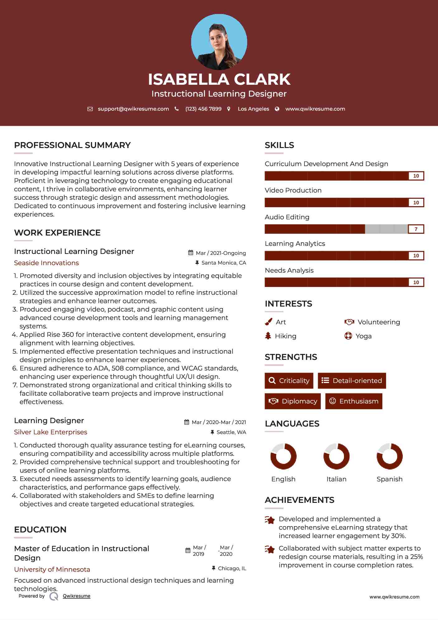 Instructional Learning Designer Resume Sample