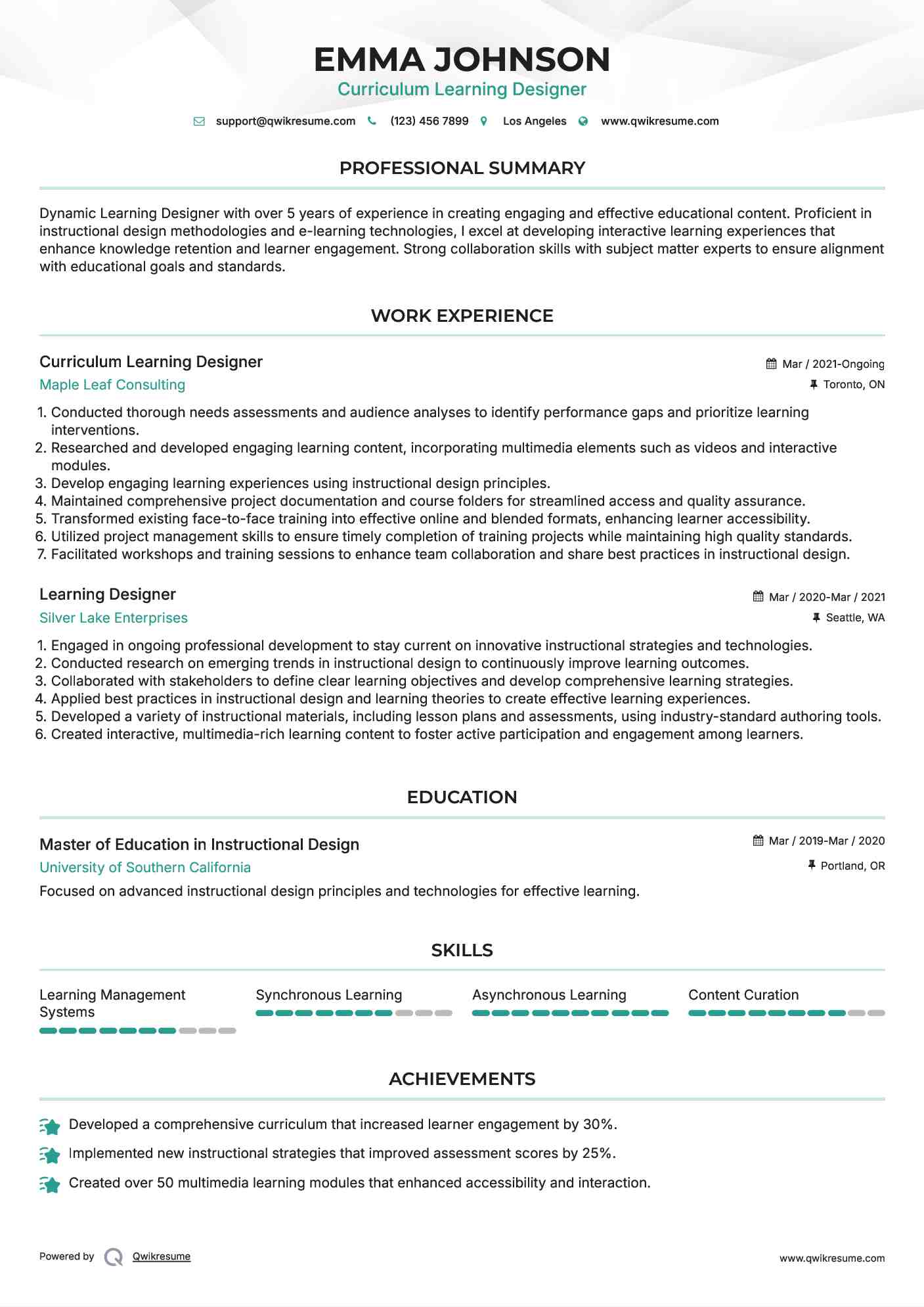 Curriculum Learning Designer Resume Format