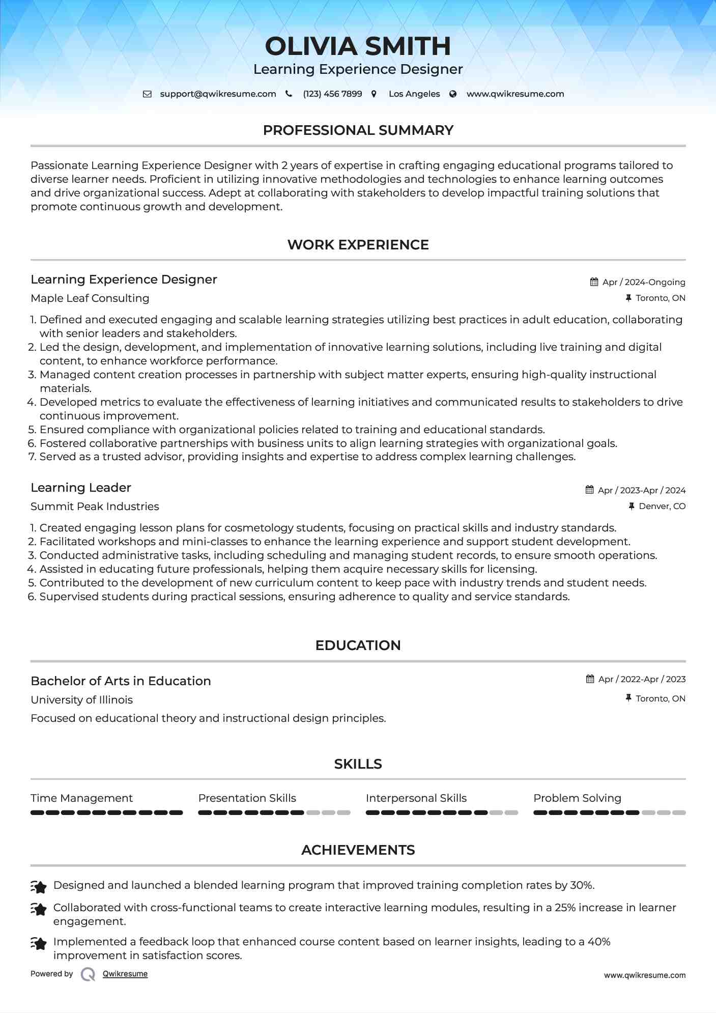 Learning Experience Designer Resume Format
