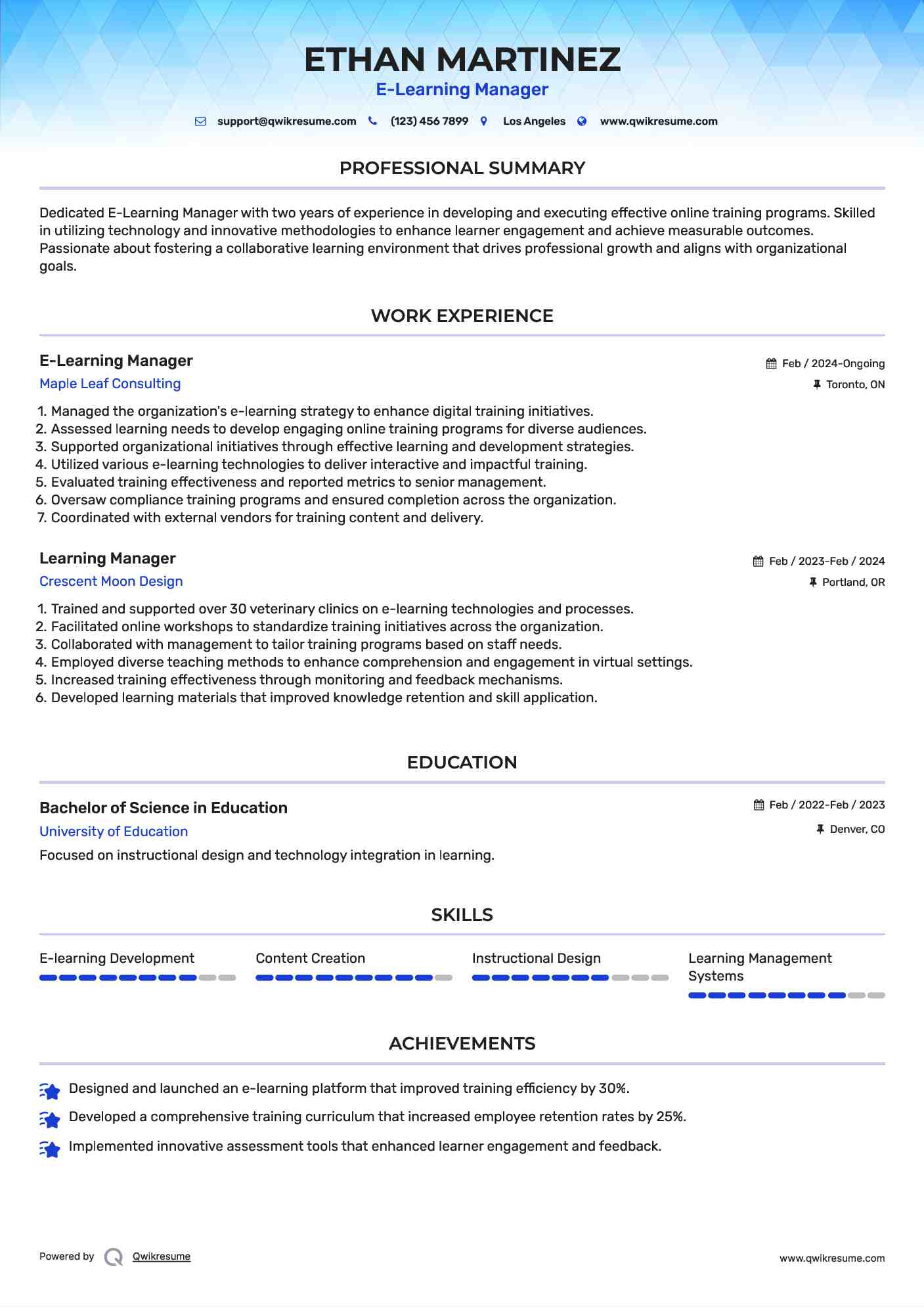 E-Learning Manager Resume Template
