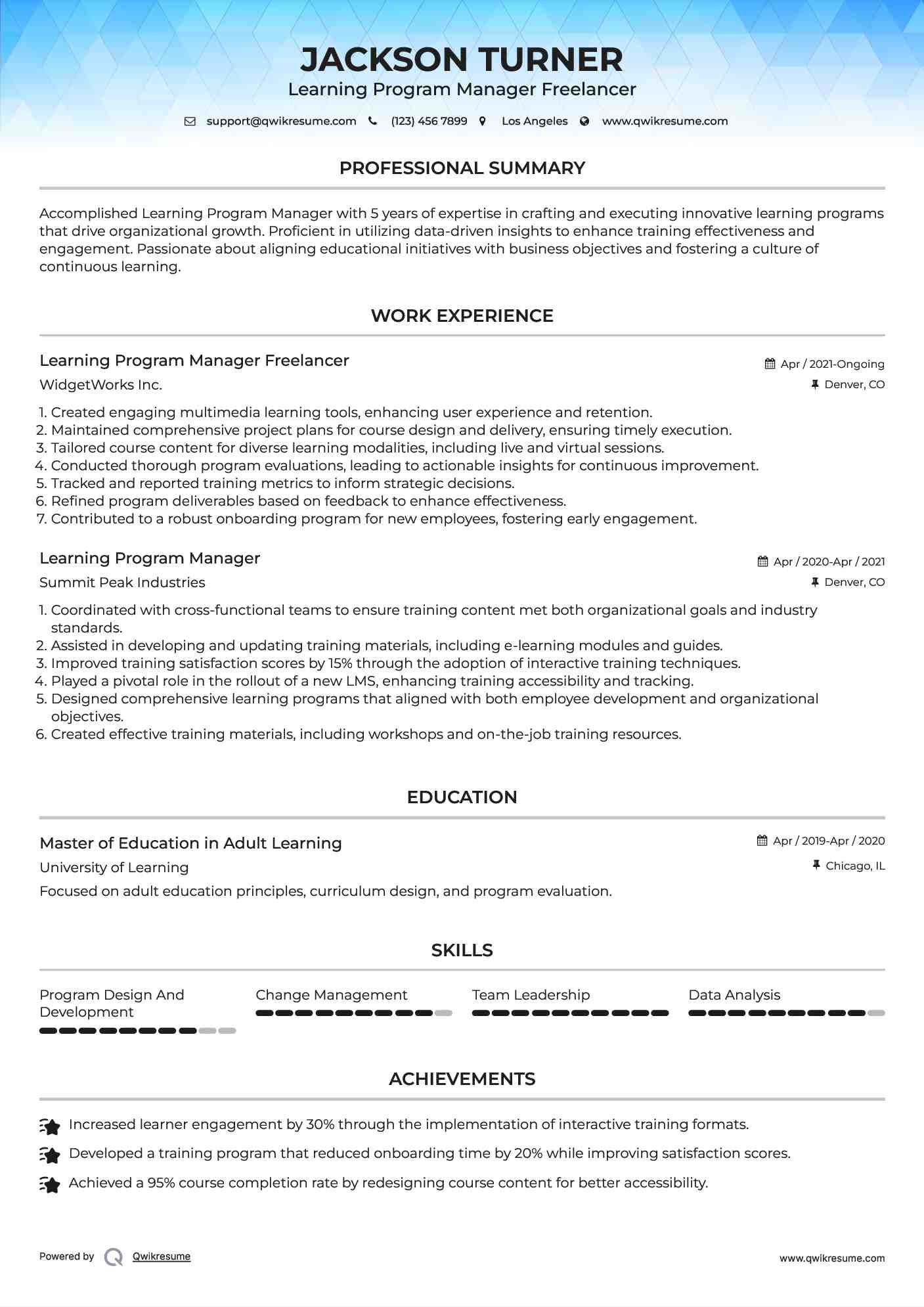 Learning Program Manager Freelancer Resume Format