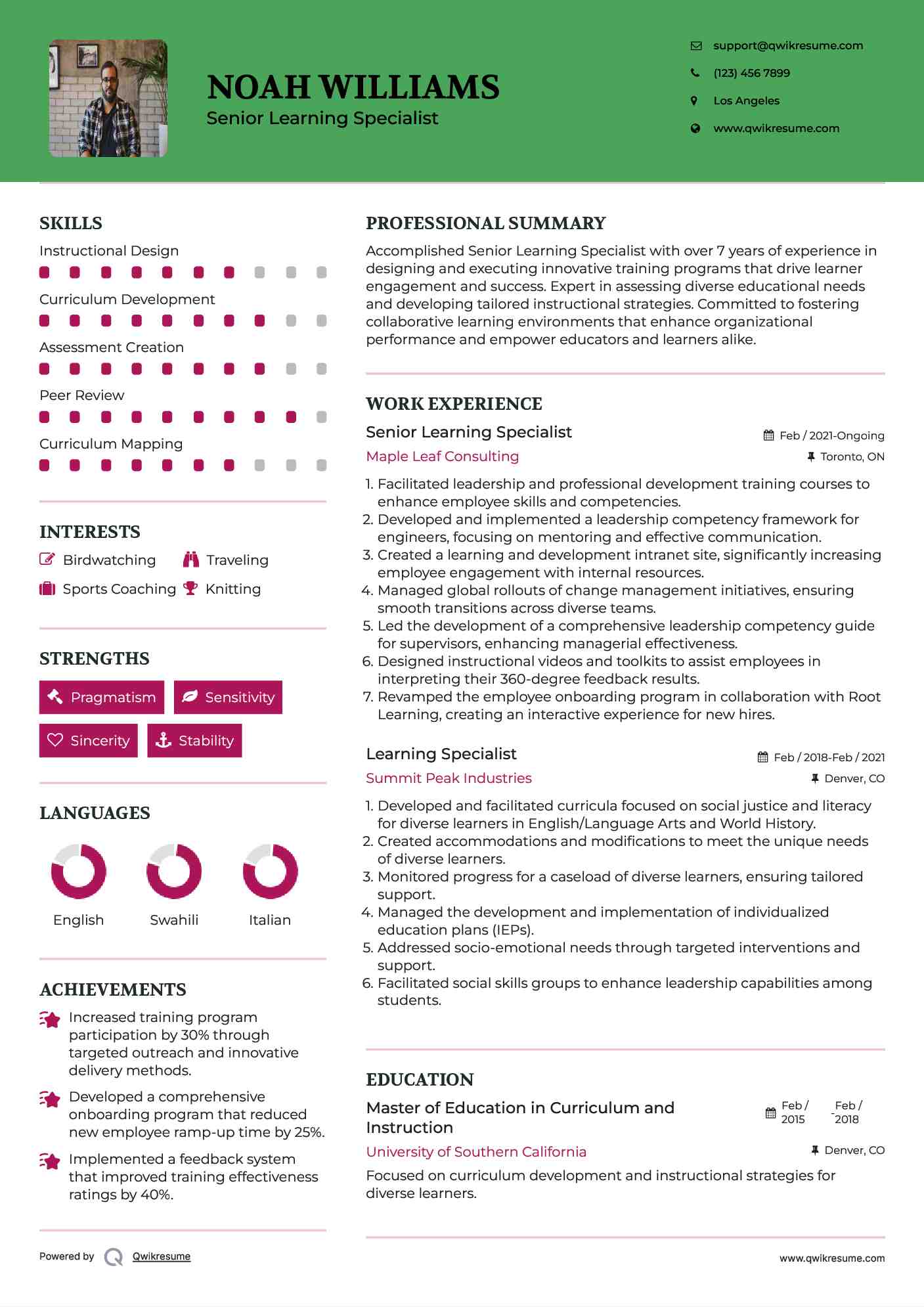 Senior Learning Specialist Resume Example