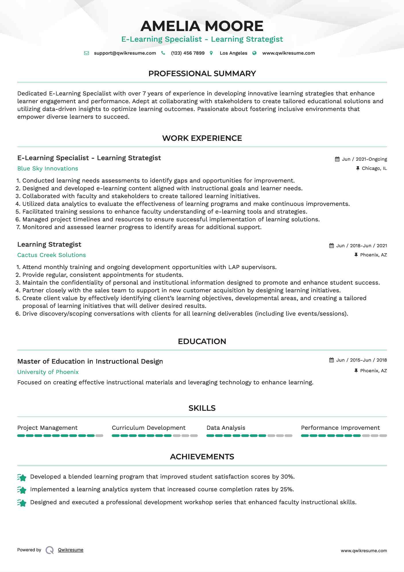 E-Learning Specialist - Learning Strategist Resume Format