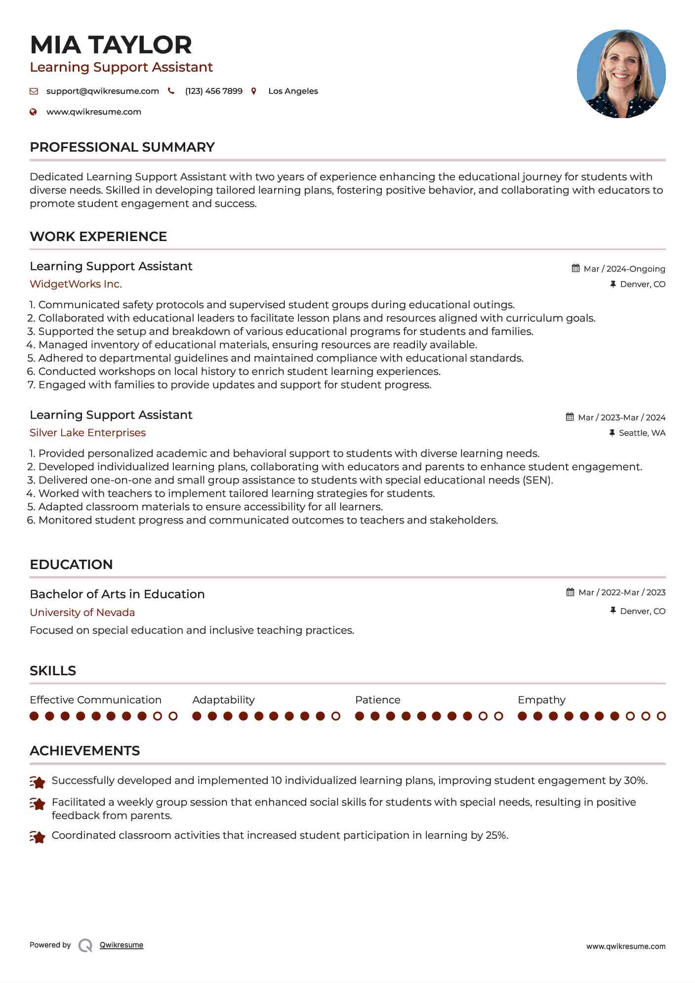 Learning Support Assistant Resume Model