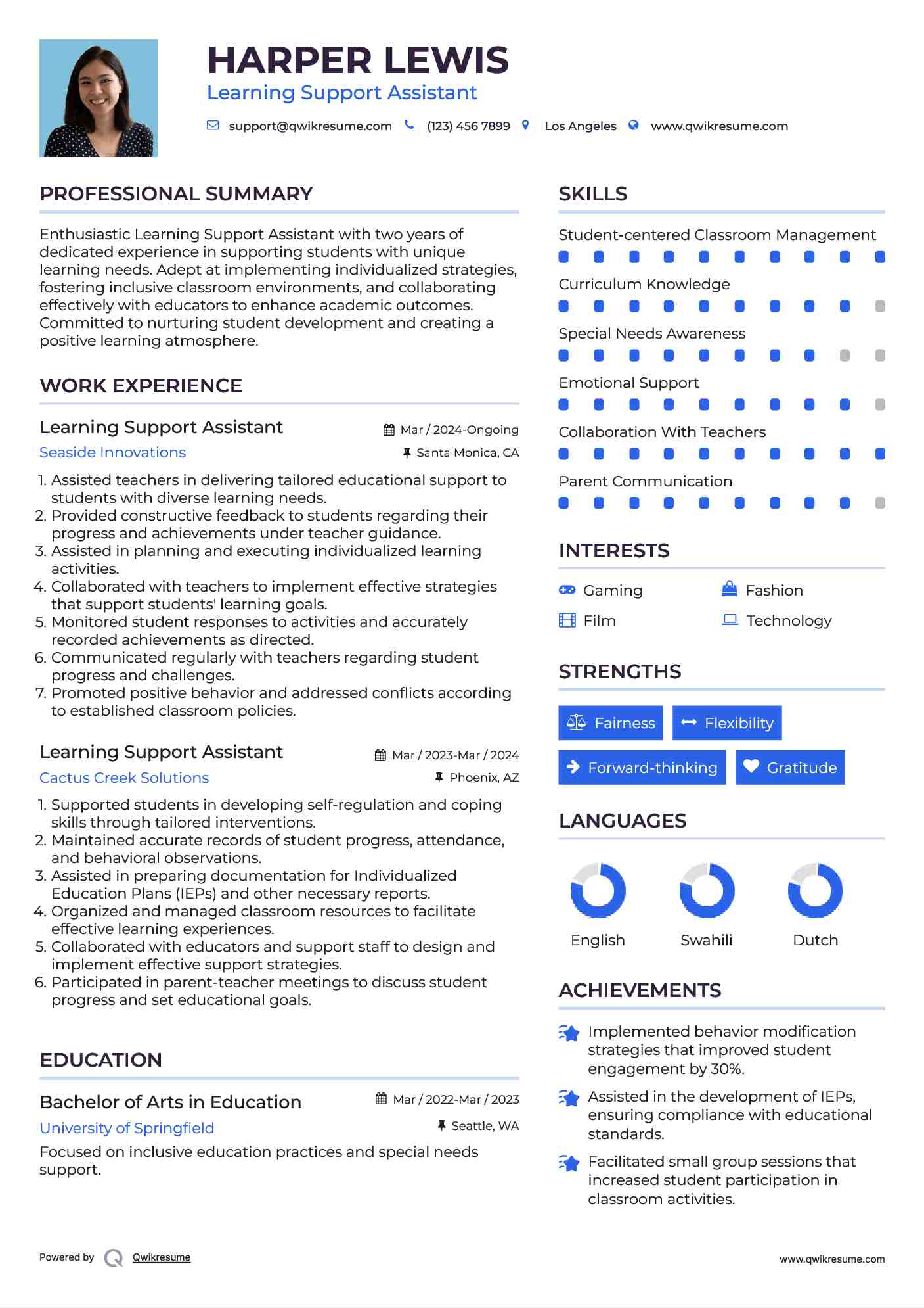 Learning Support Assistant Resume Sample