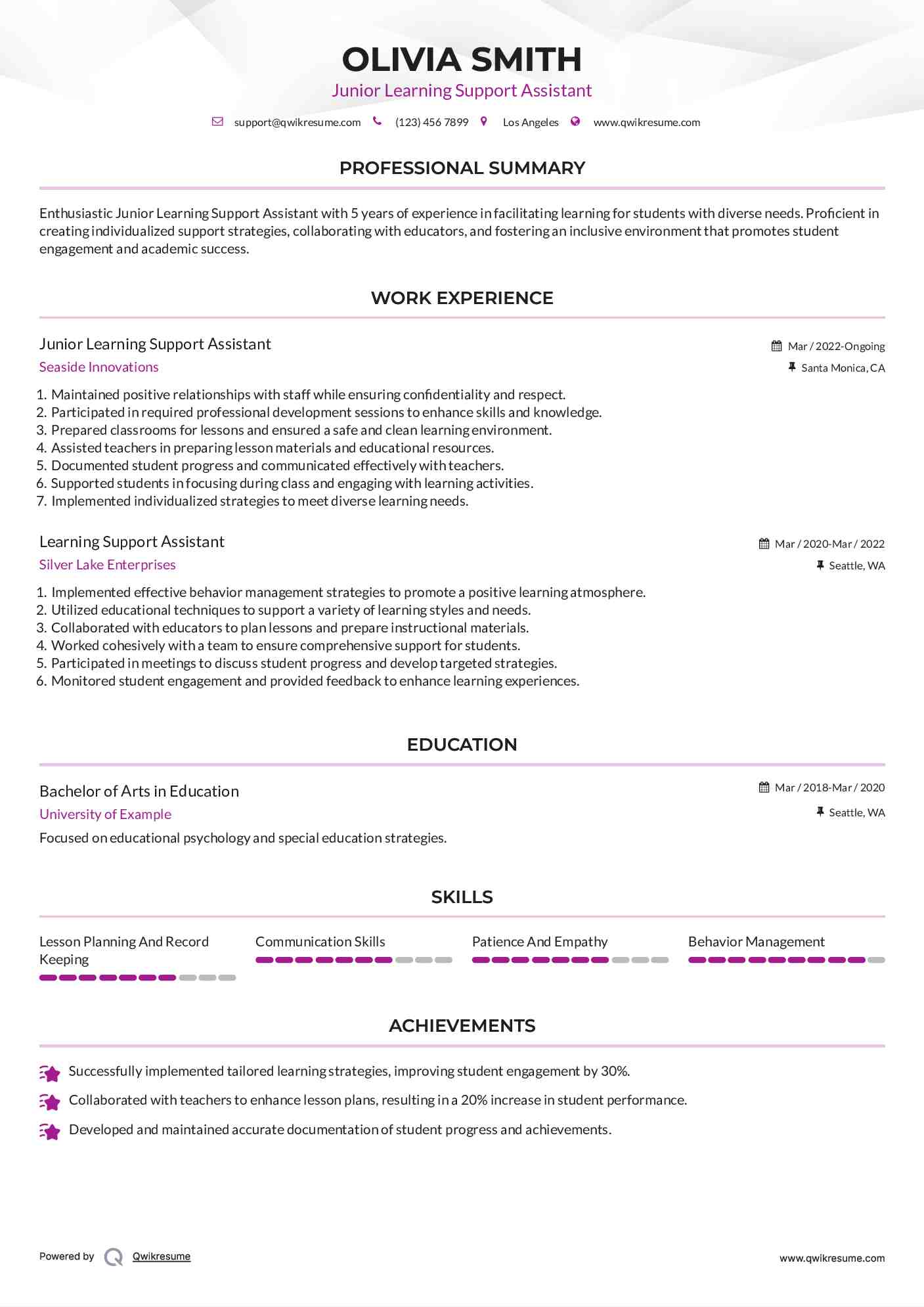 Junior Learning Support Assistant Resume Template