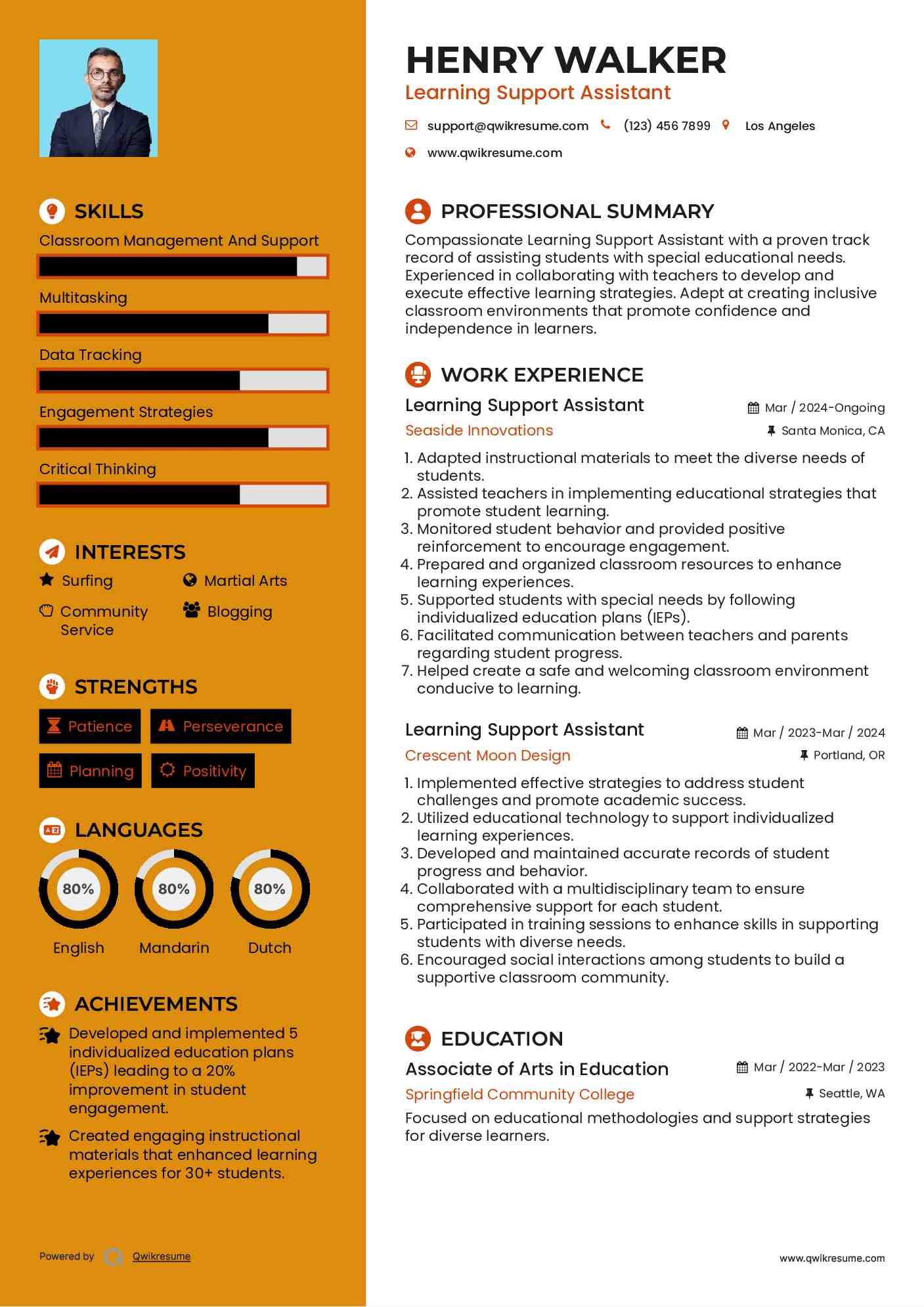 Learning Support Assistant Resume Template