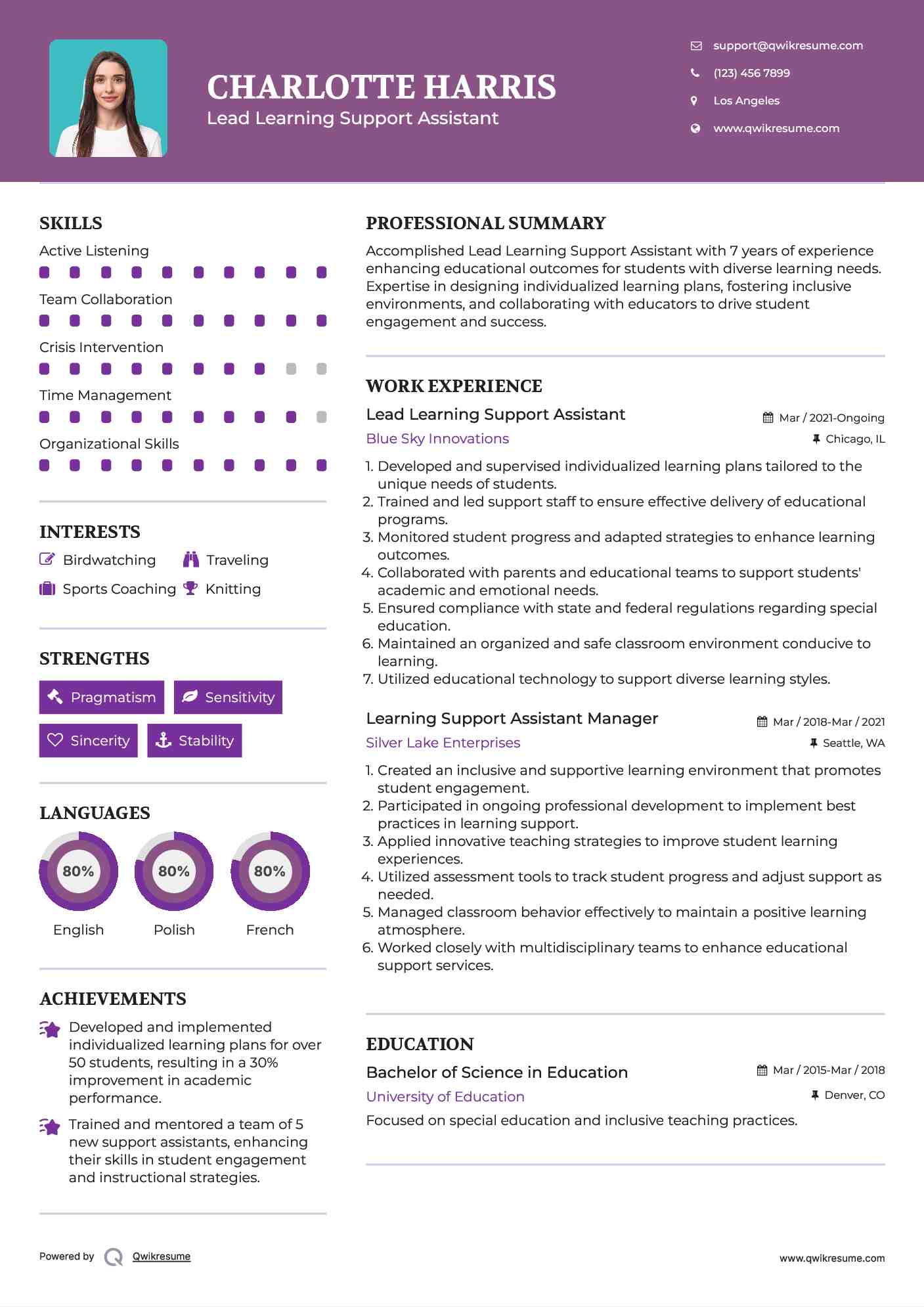 Lead Learning Support Assistant Resume Sample