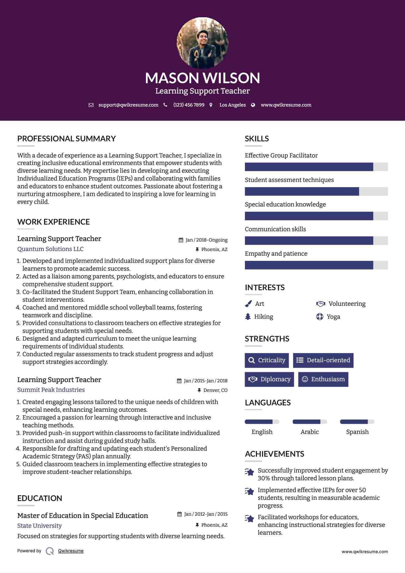 Learning Support Teacher Resume Format