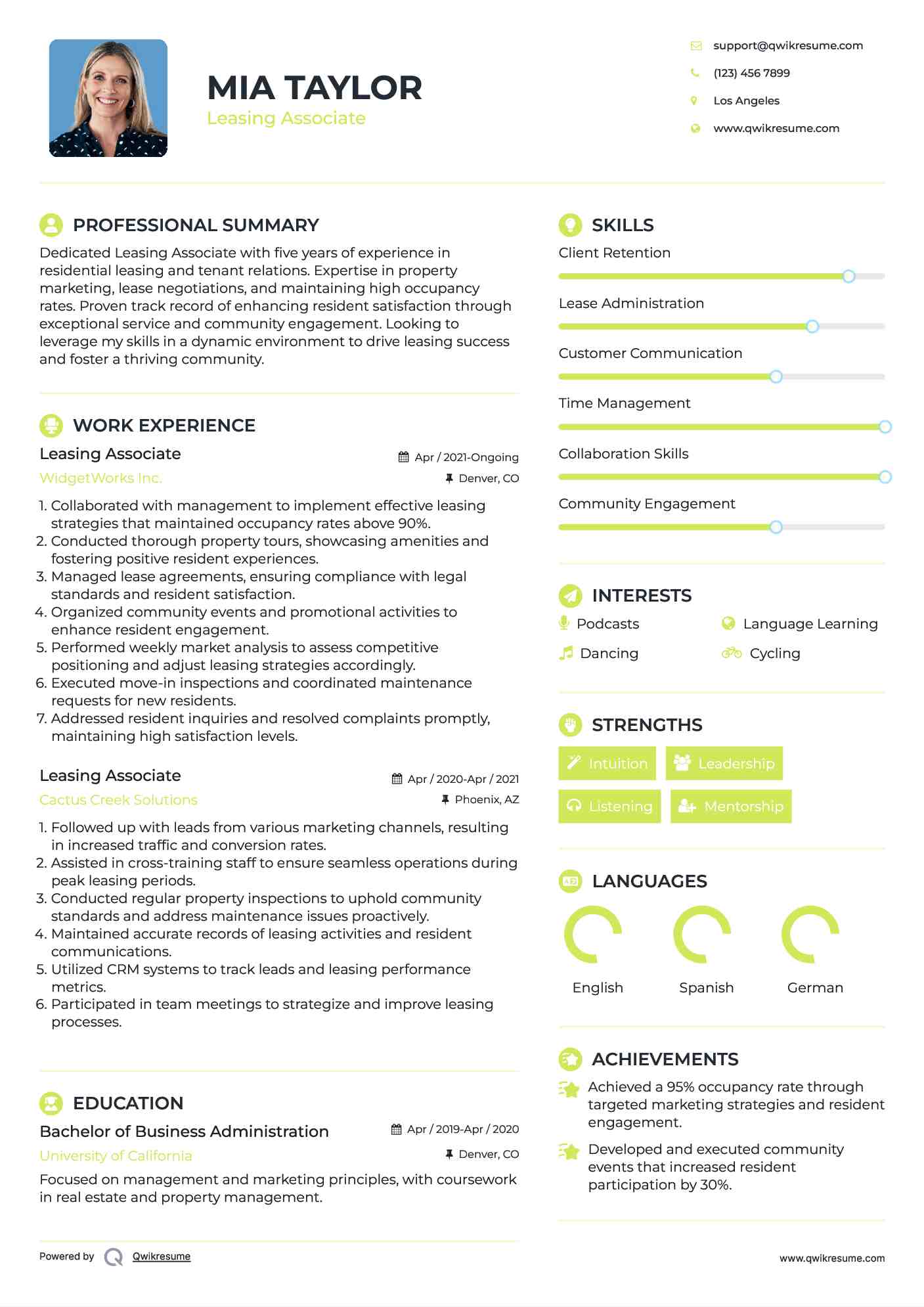 Leasing Associate Resume Example