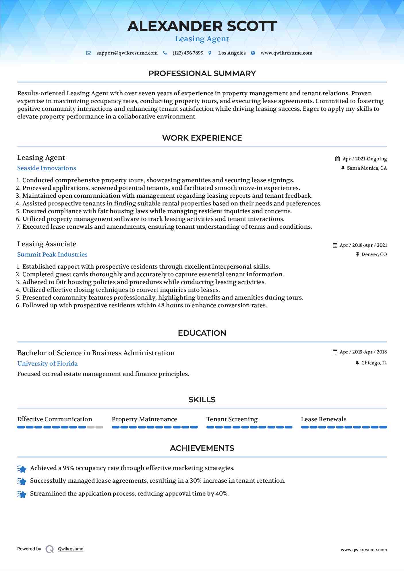 Leasing Agent Resume Sample