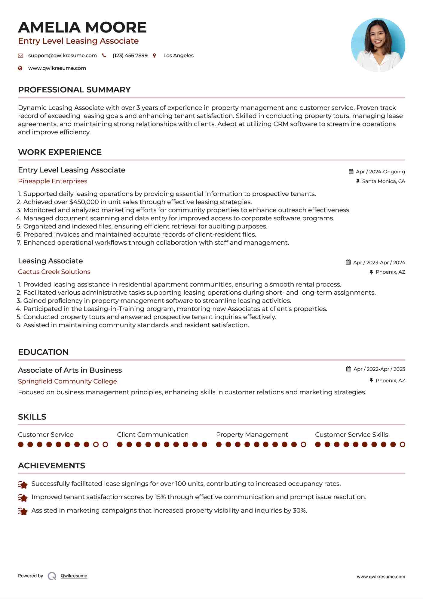Entry Level Leasing Associate Resume Sample