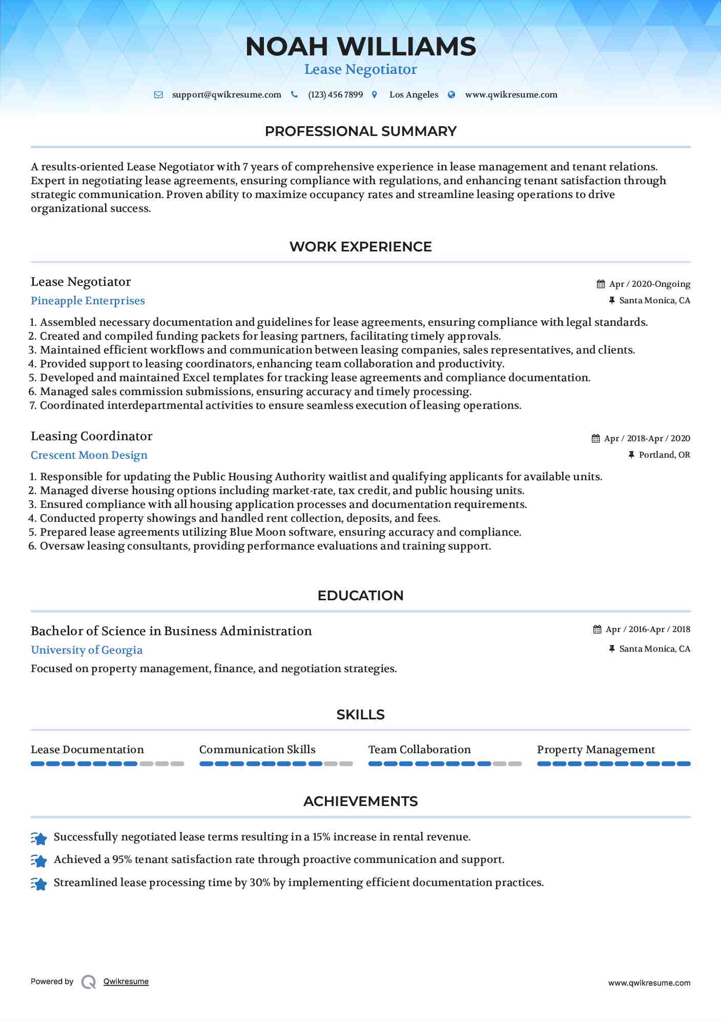 Lease Negotiator Resume Sample