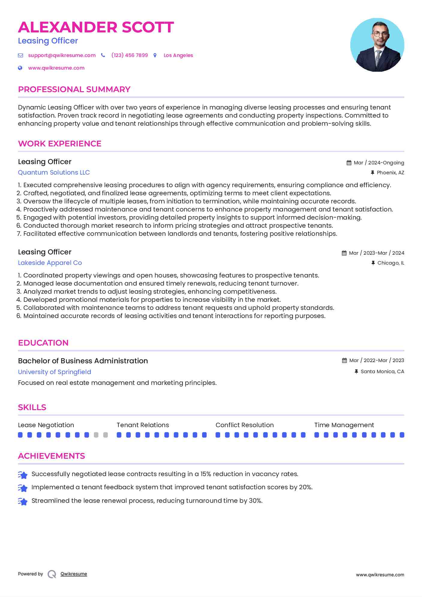 Leasing Officer Resume Sample