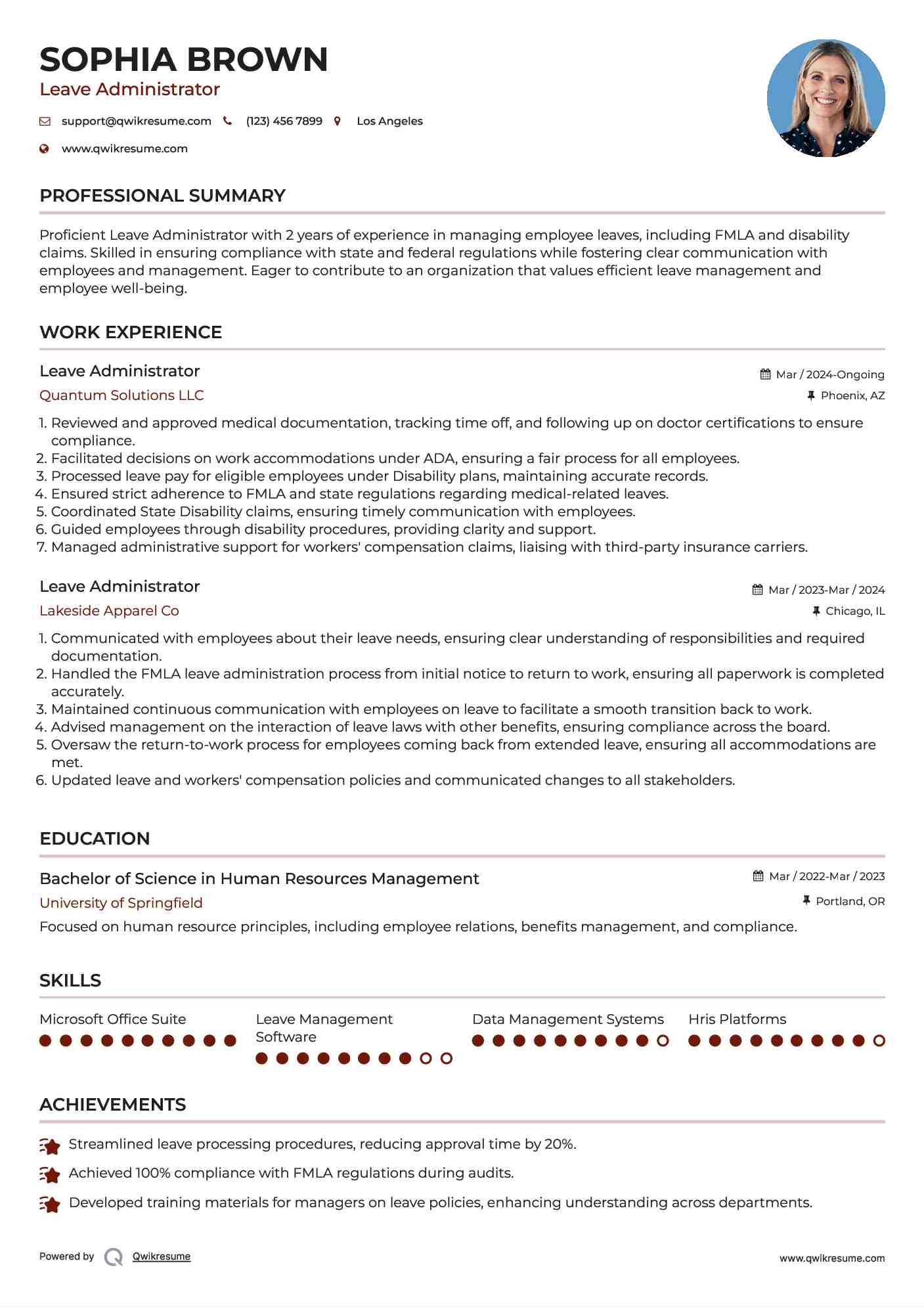 Leave Administrator Resume Sample