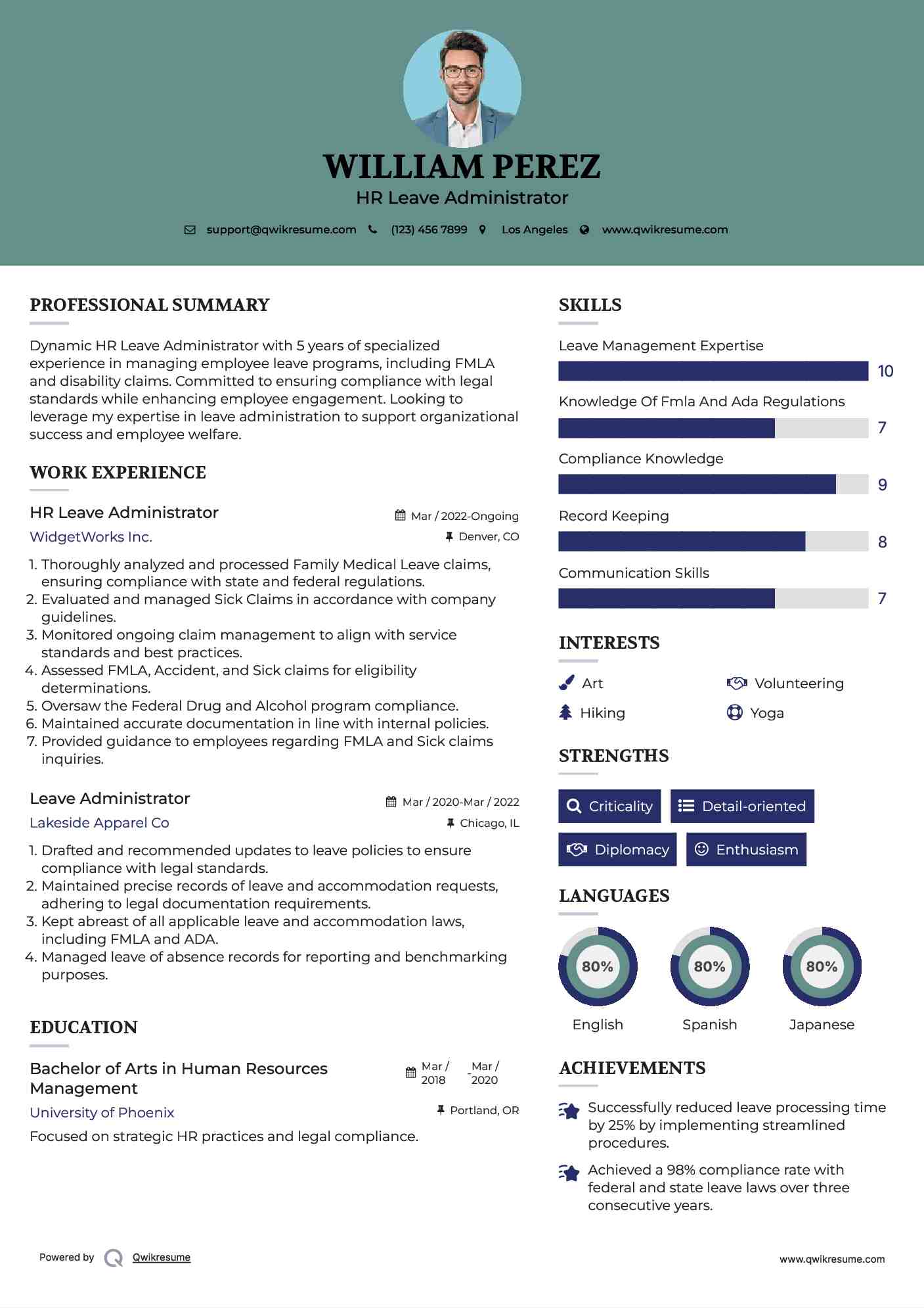 HR Leave Administrator Resume Sample