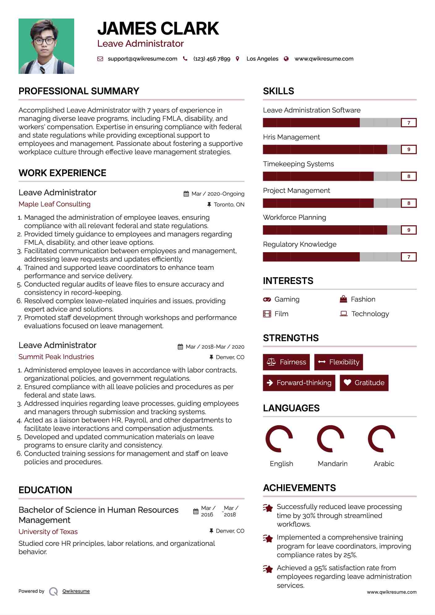 Leave Administrator Resume Example