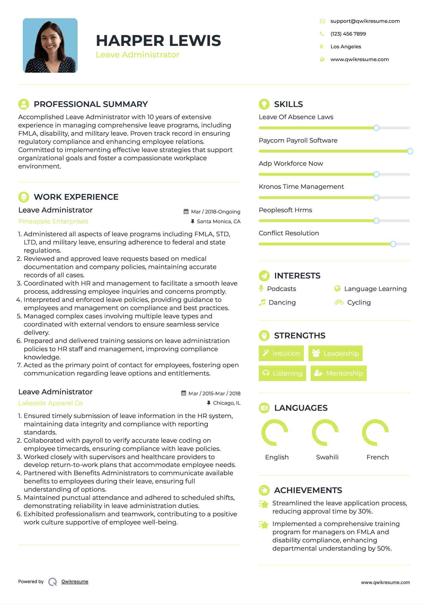 Leave Administrator Resume Template