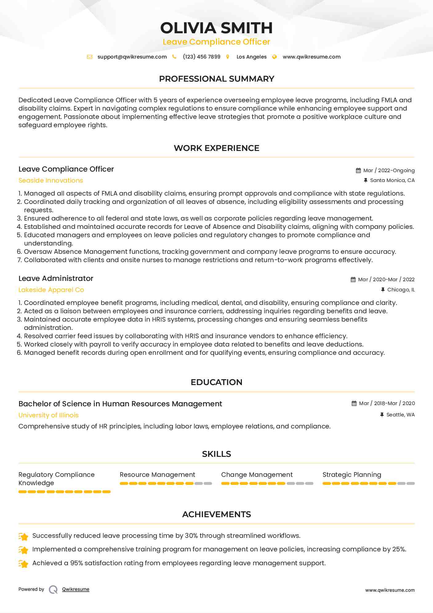 Leave Compliance Officer Resume Example