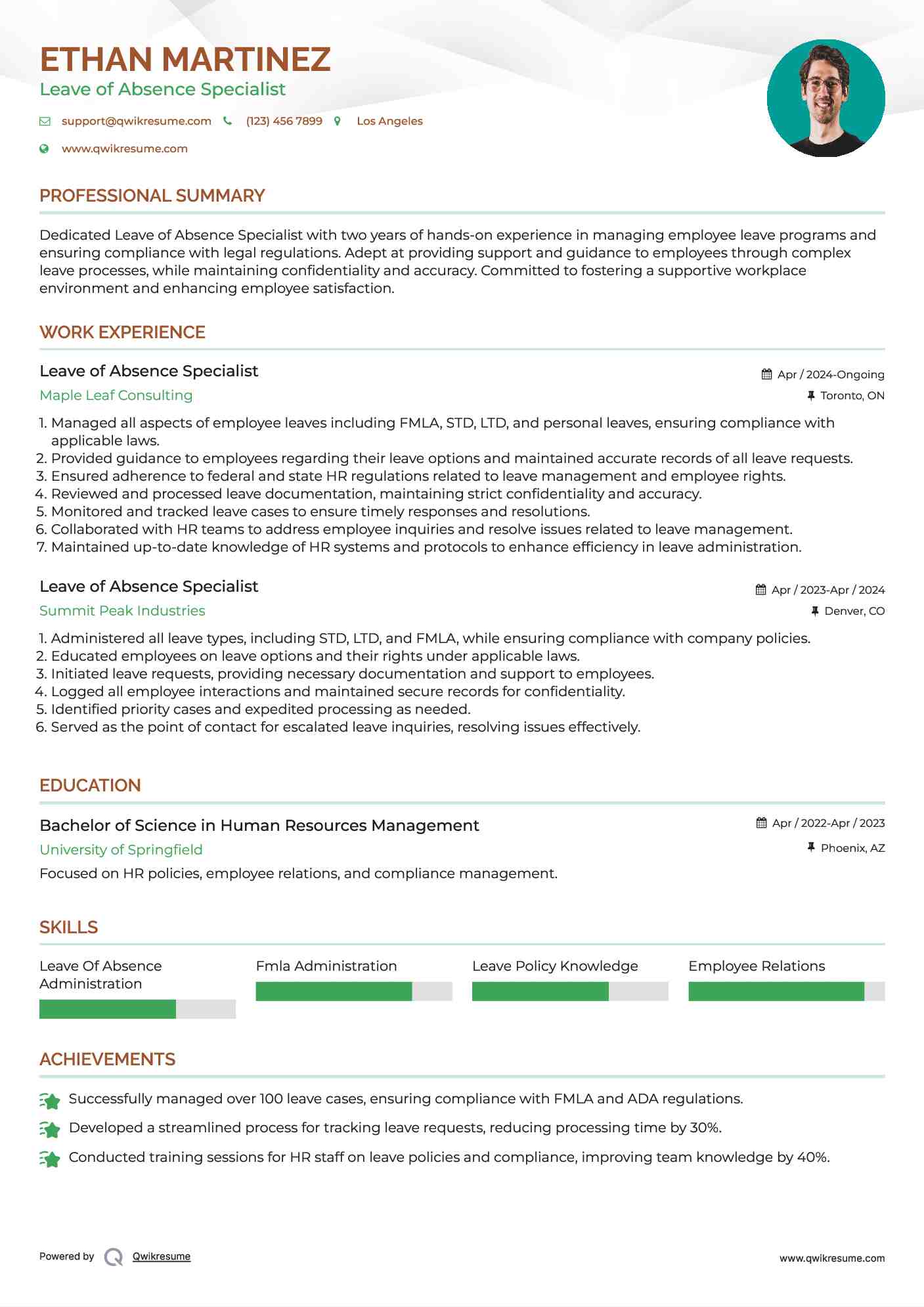 Leave of Absence Specialist Resume Format