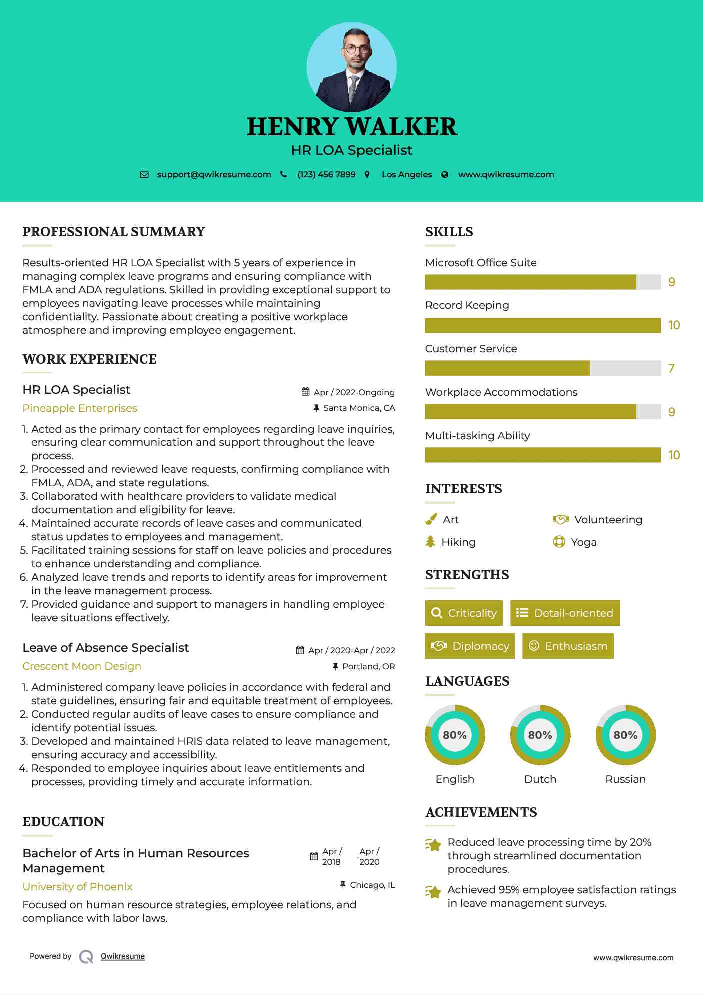 HR LOA Specialist Resume Example