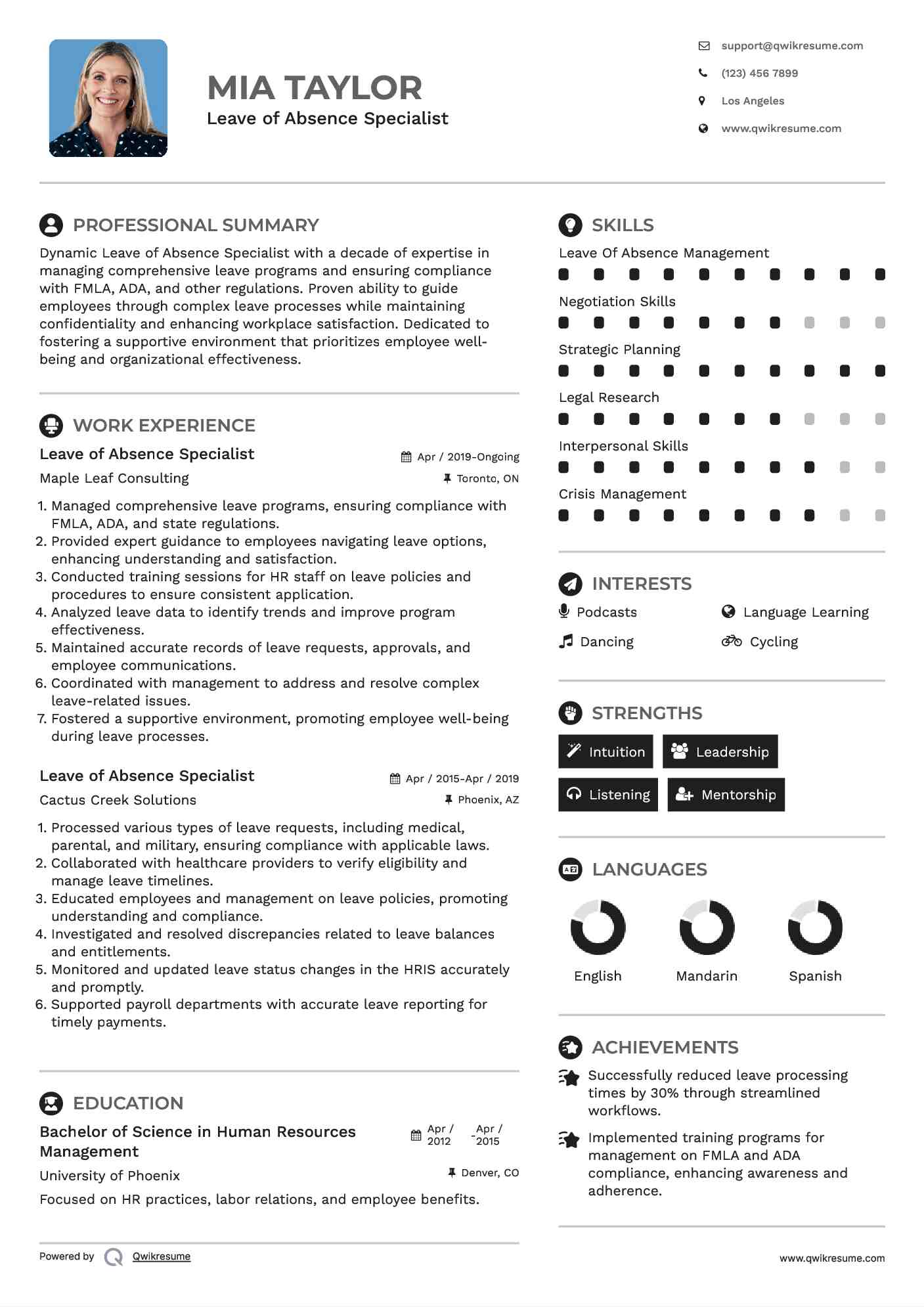 Leave of Absence Specialist Resume Format