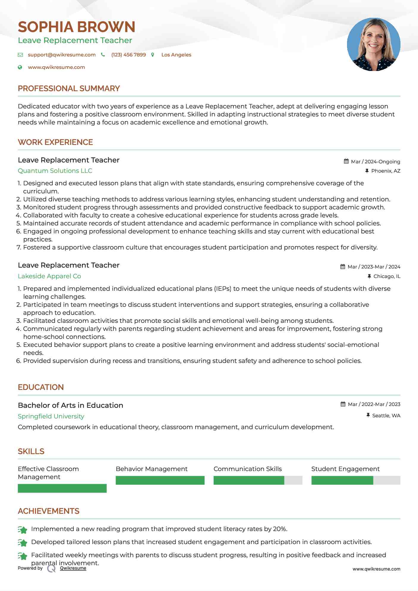 Leave Replacement Teacher Resume Example