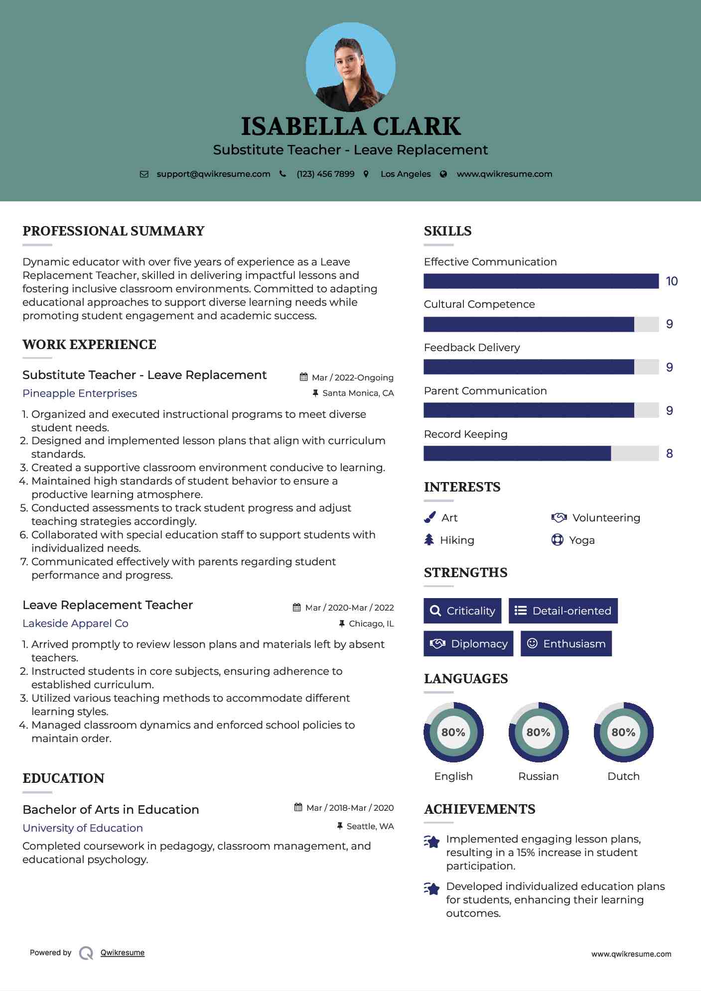Substitute Teacher - Leave Replacement Resume Example