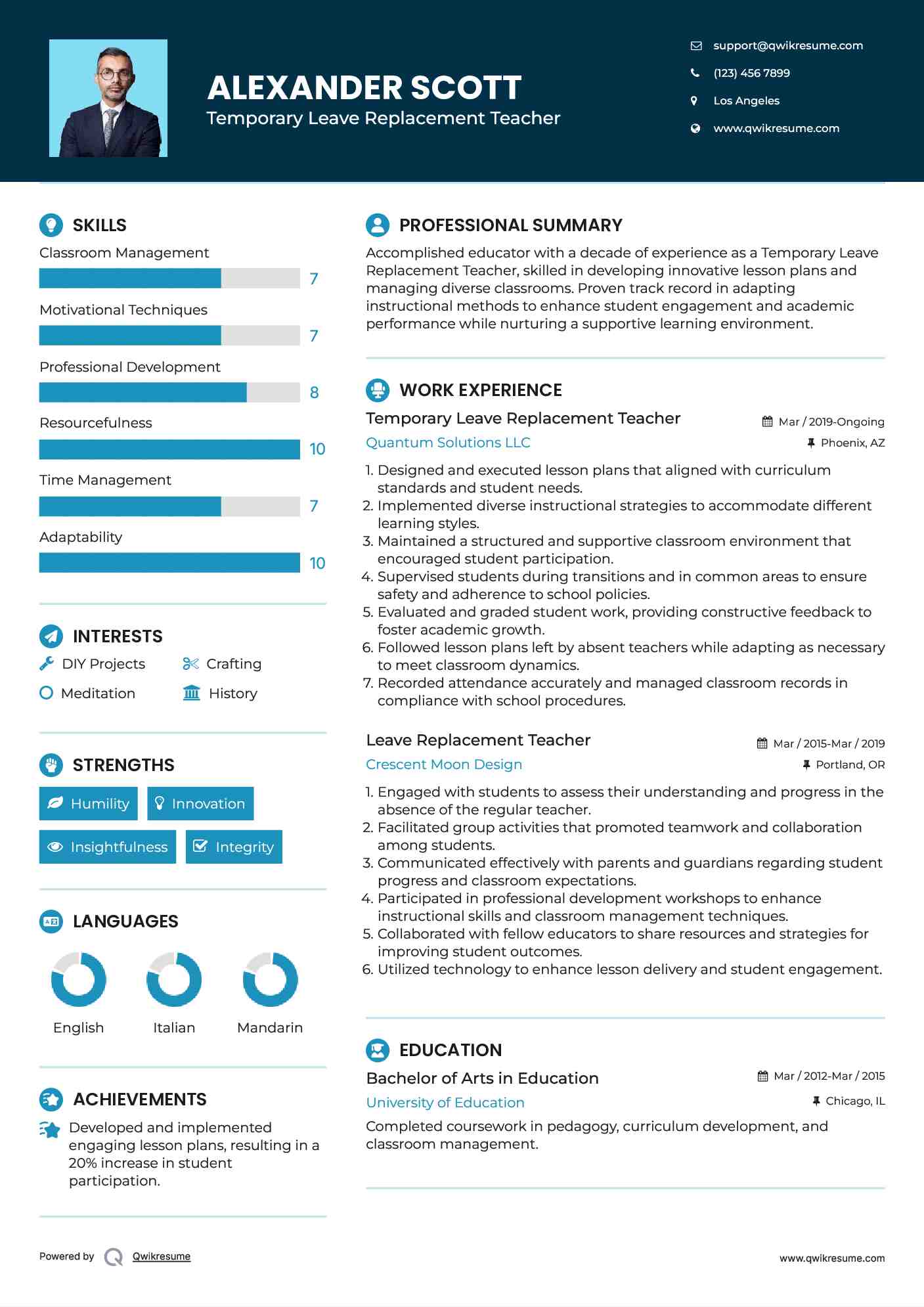 Temporary Leave Replacement Teacher Resume Template