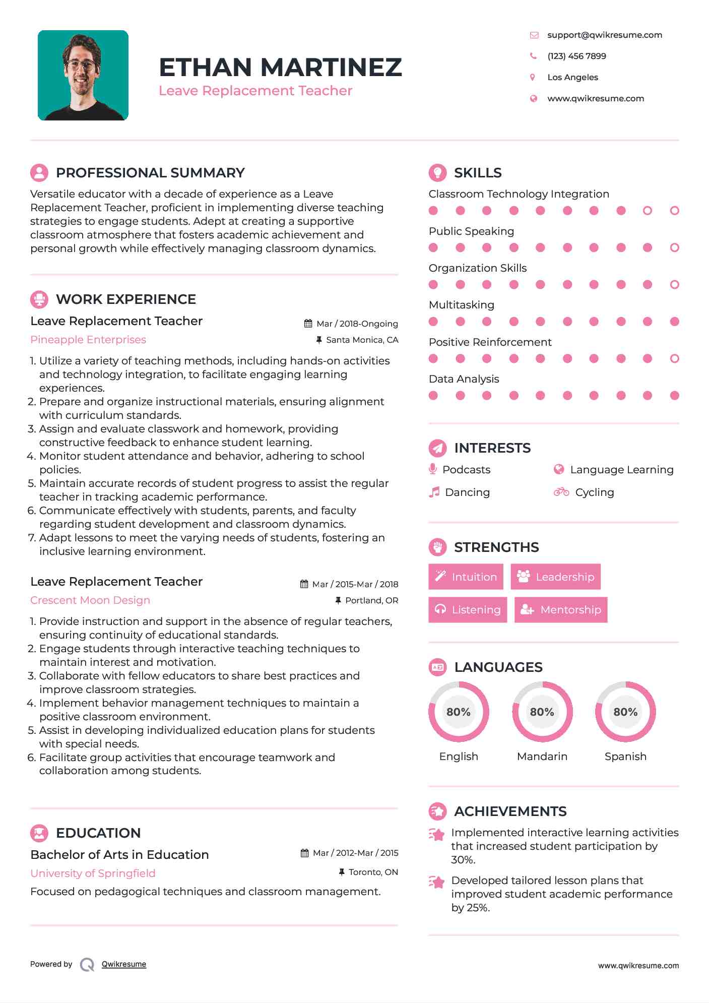 Leave Replacement Teacher Resume Sample