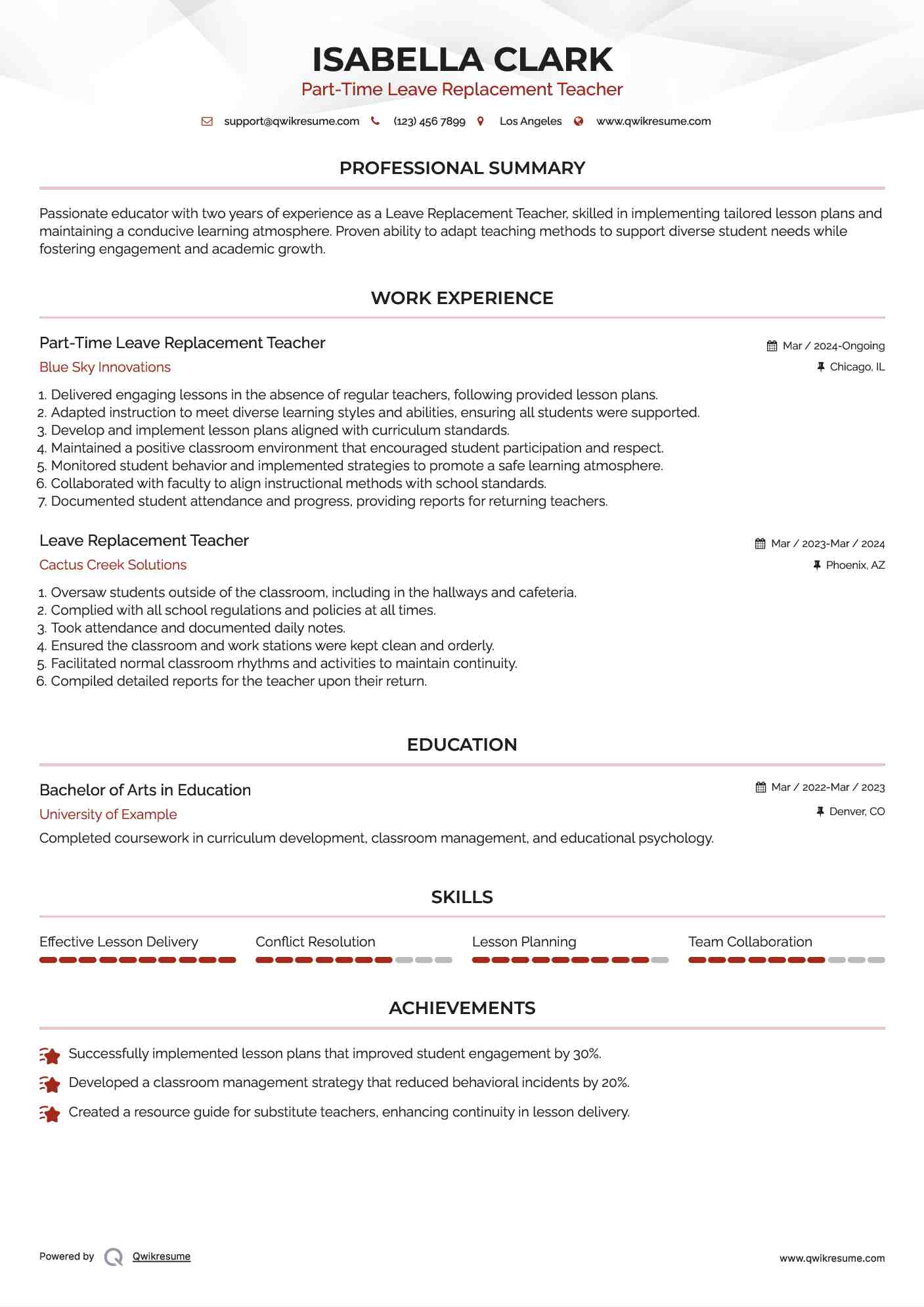 Part-Time Leave Replacement Teacher Resume Format