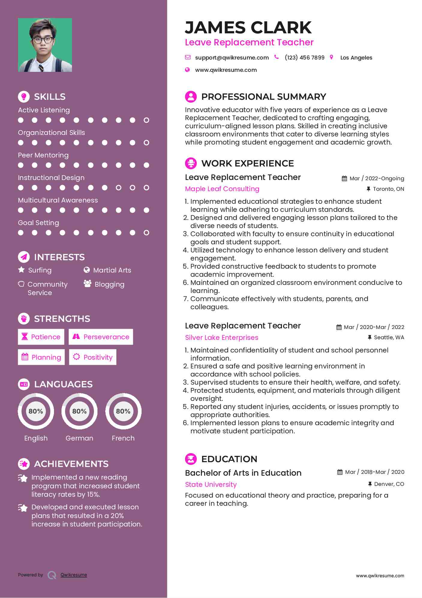 Leave Replacement Teacher Resume Model