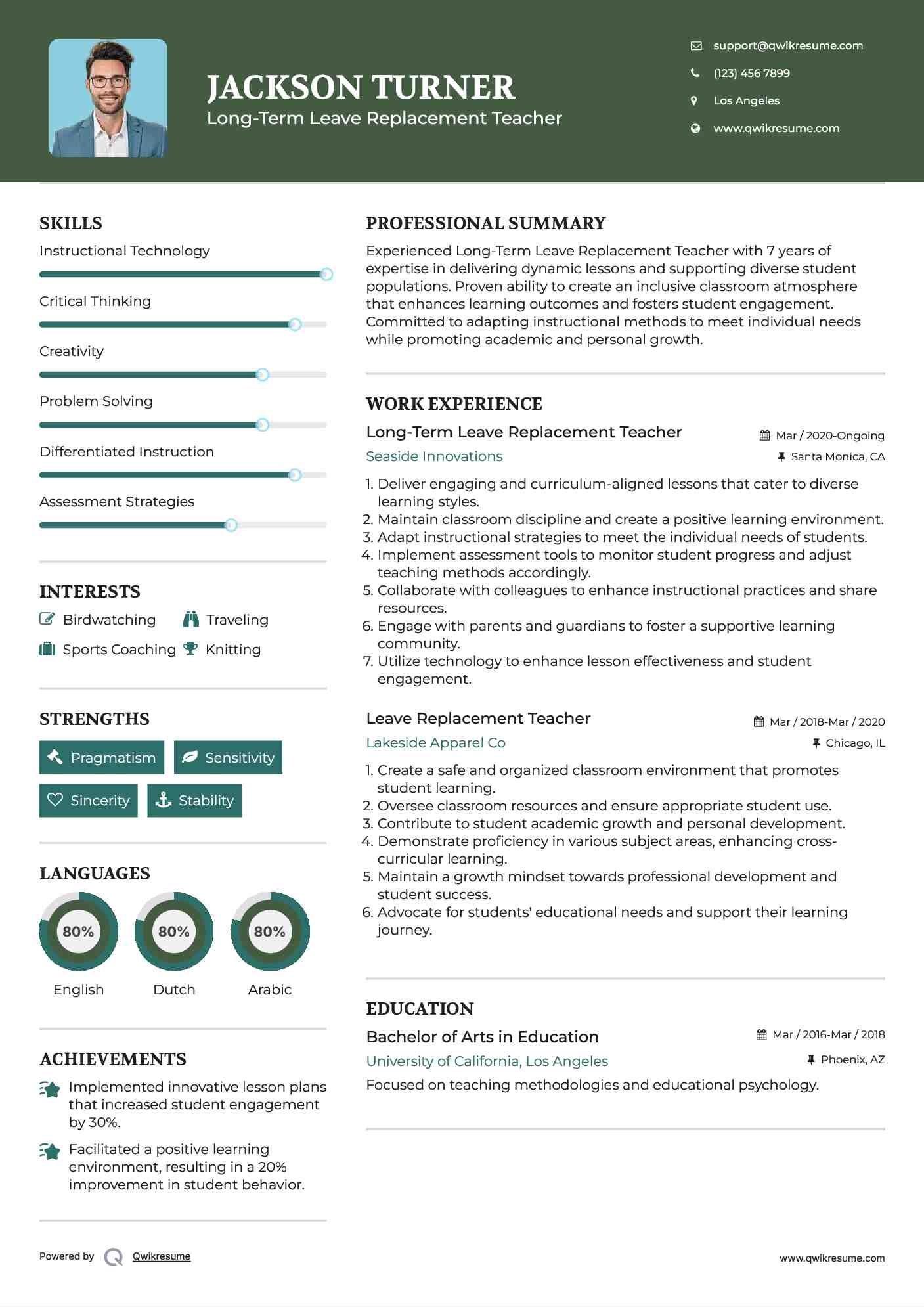 Long-Term Leave Replacement Teacher Resume Sample