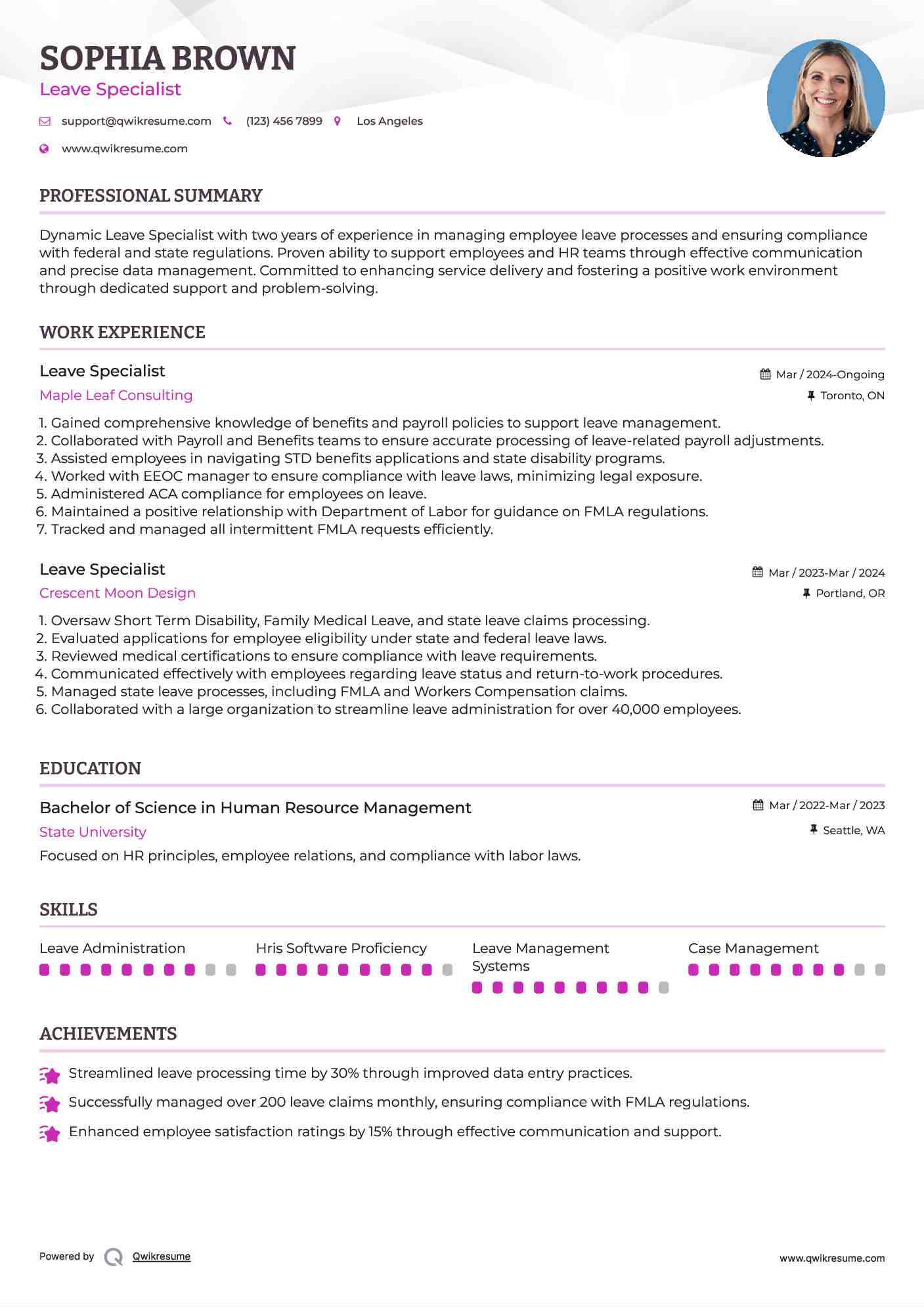 Leave Specialist Resume Format