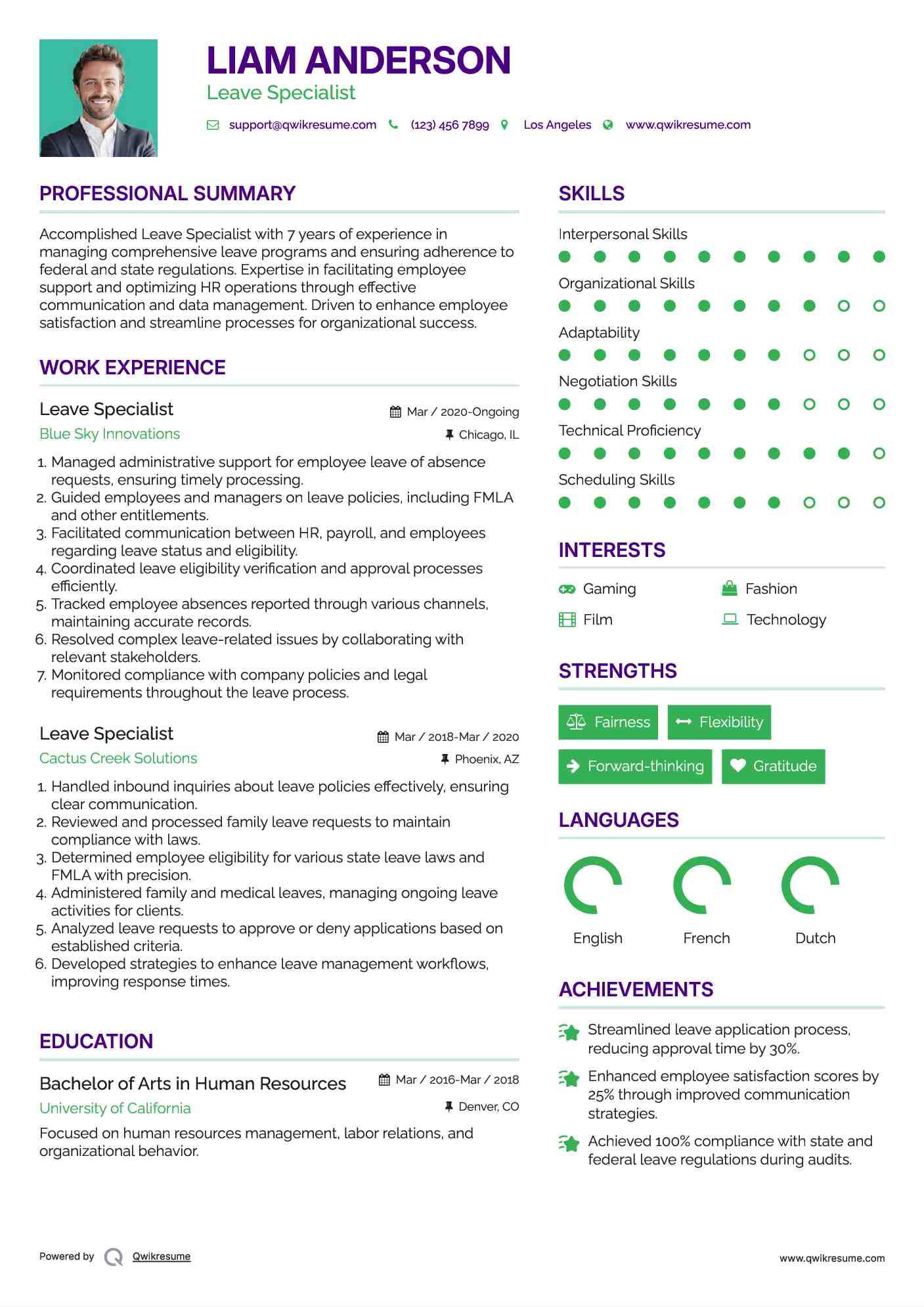 Leave Specialist Resume Model
