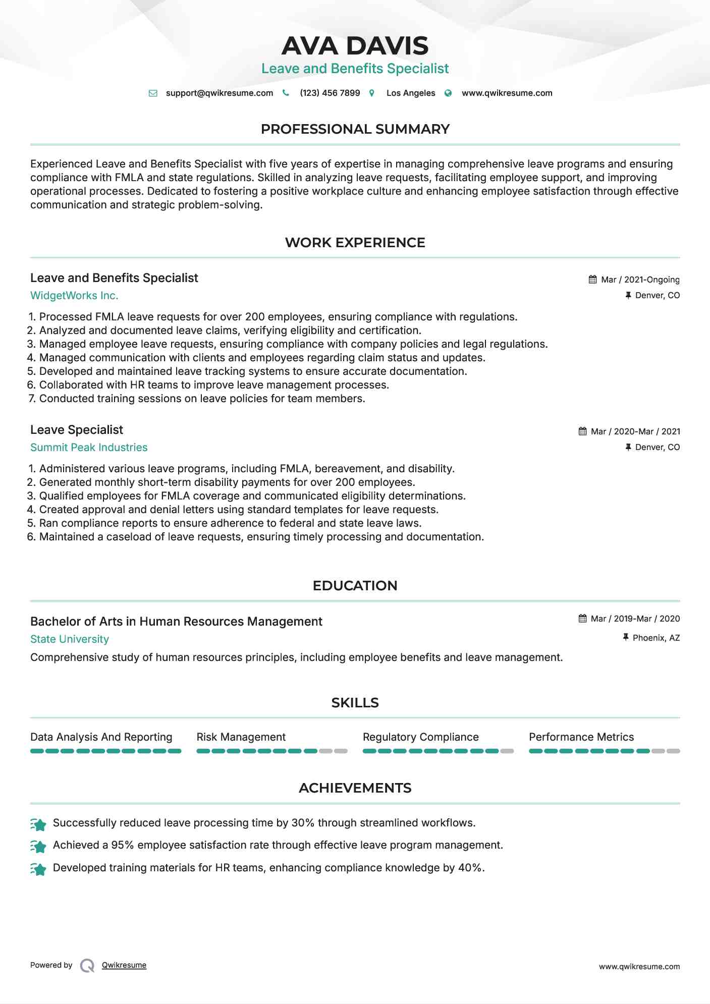 Leave and Benefits Specialist Resume Example
