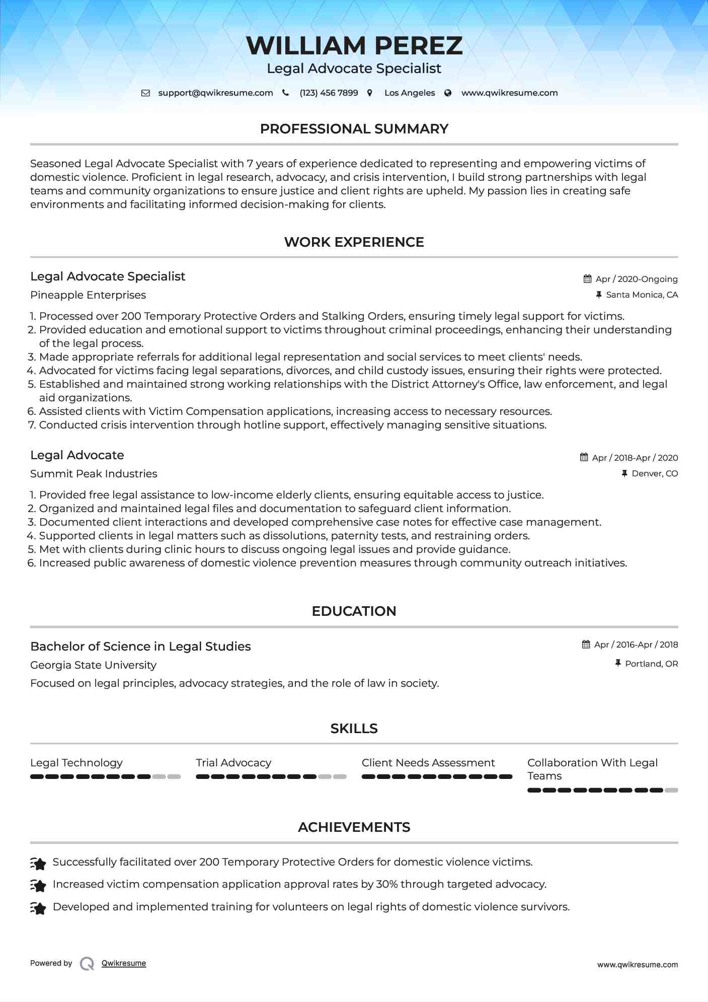 Legal Advocate Specialist Resume Format
