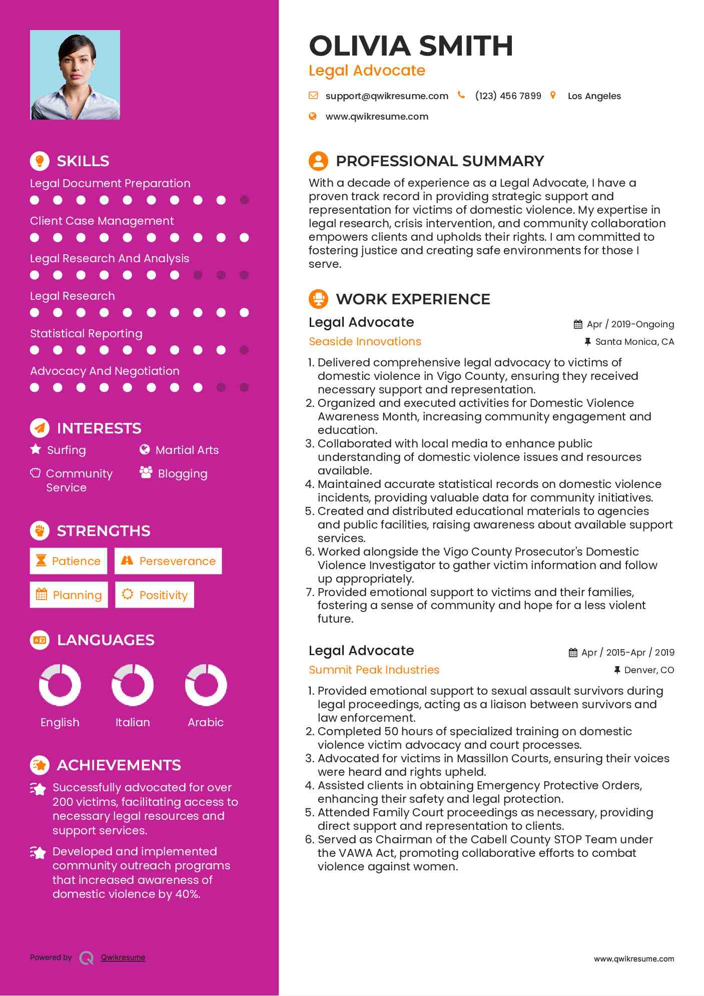 Legal Advocate Resume Sample