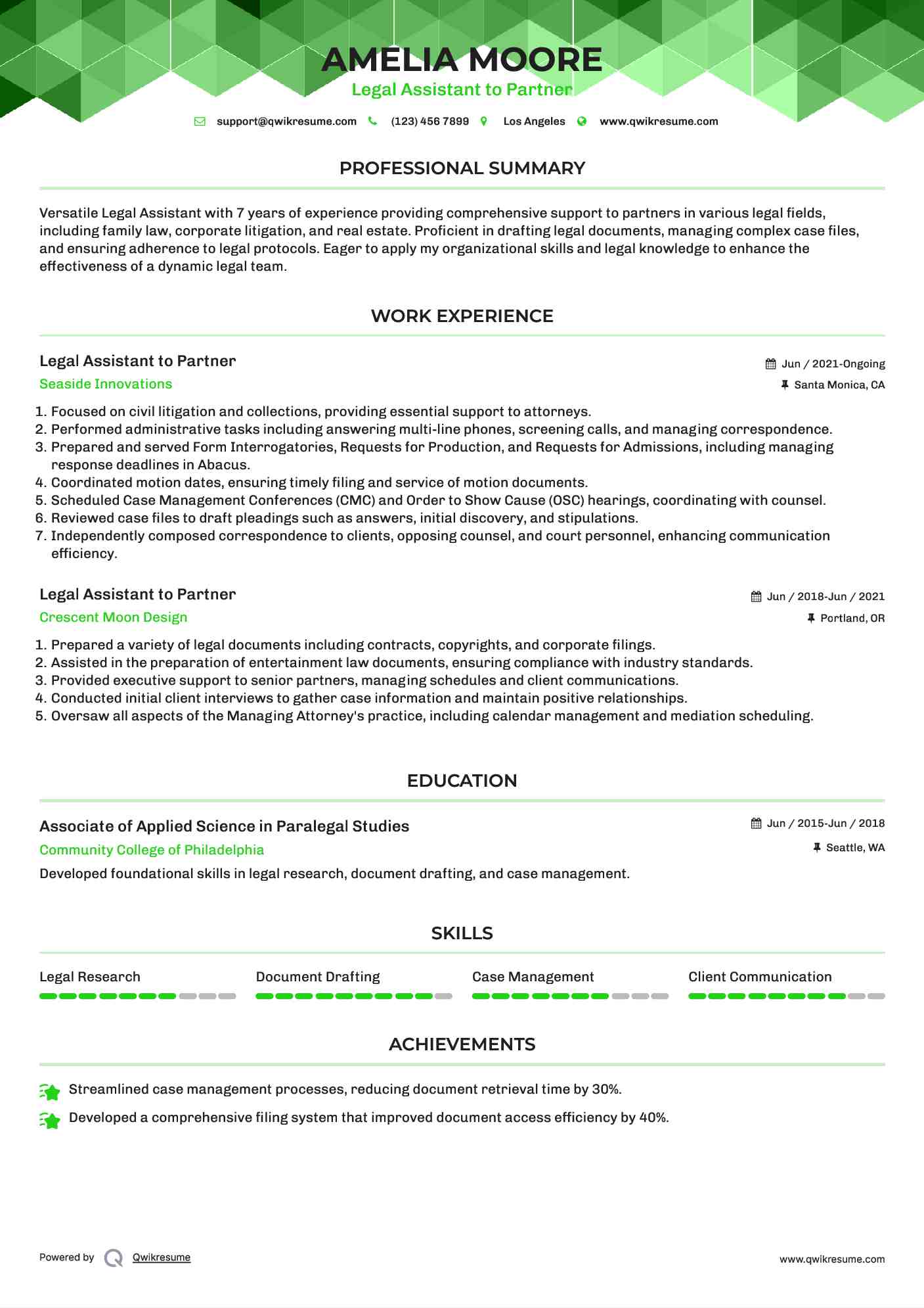 Legal Assistant to Partner Resume Format