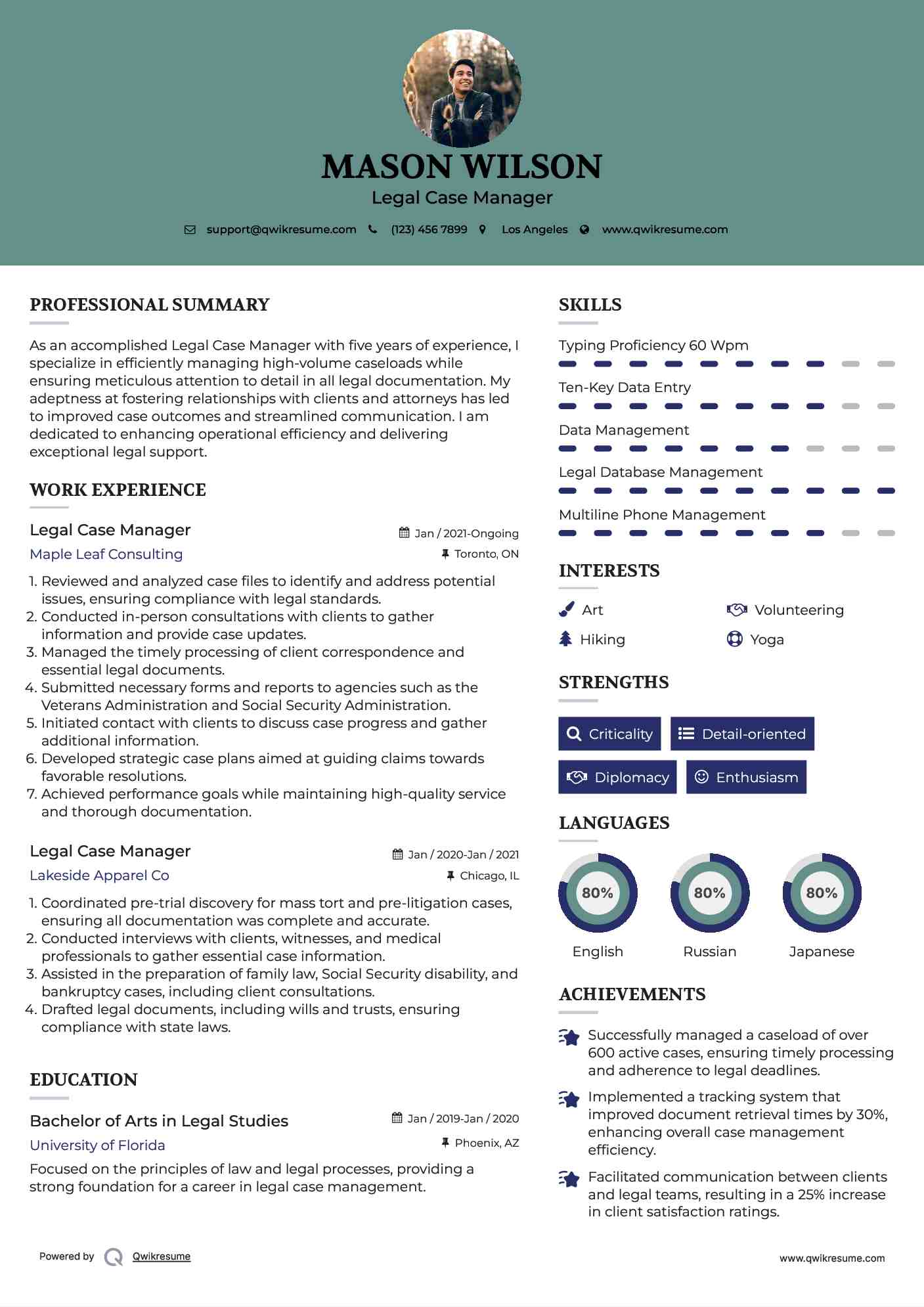 Legal Case Manager Resume Format