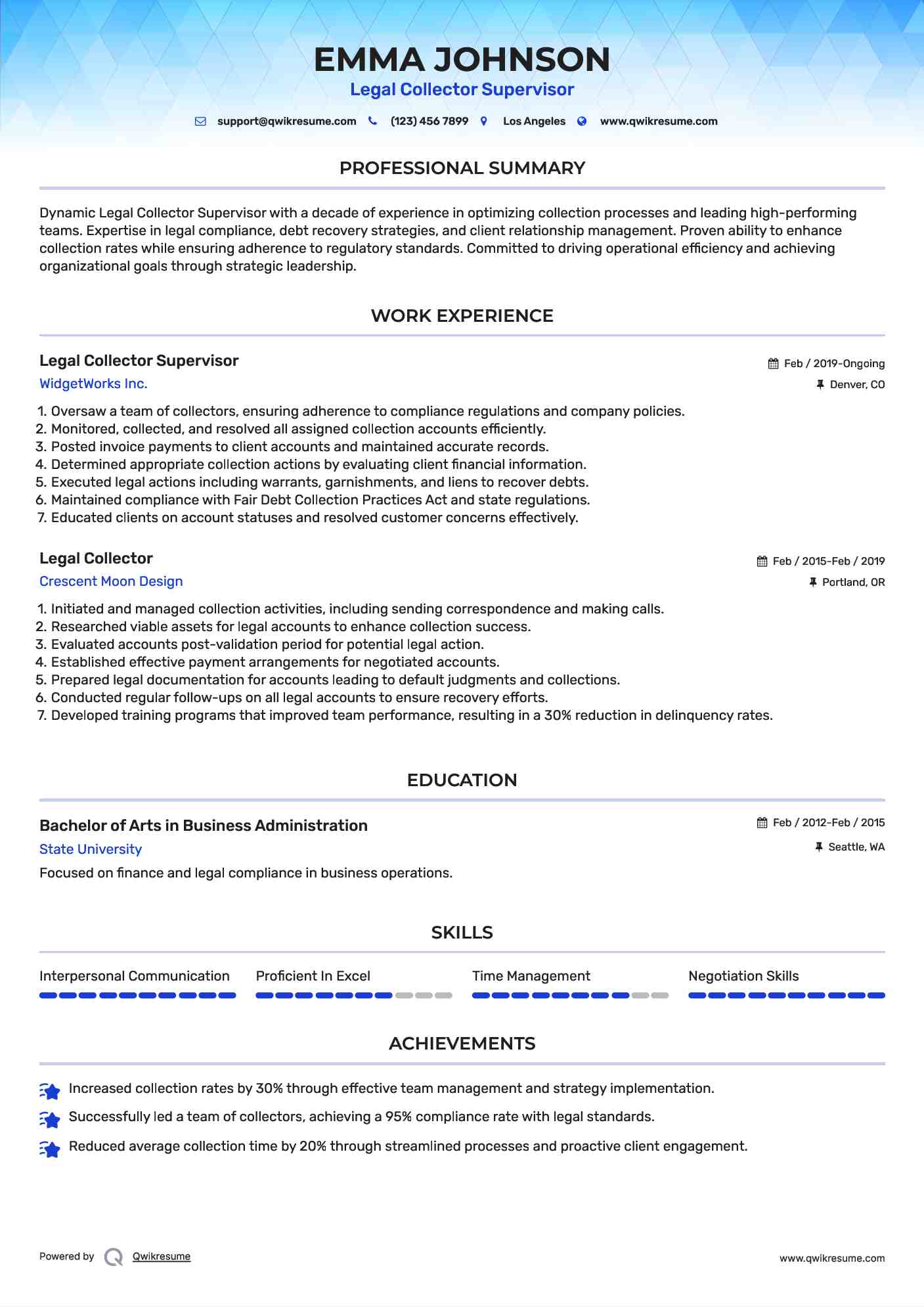 Legal Collector Supervisor Resume Template
