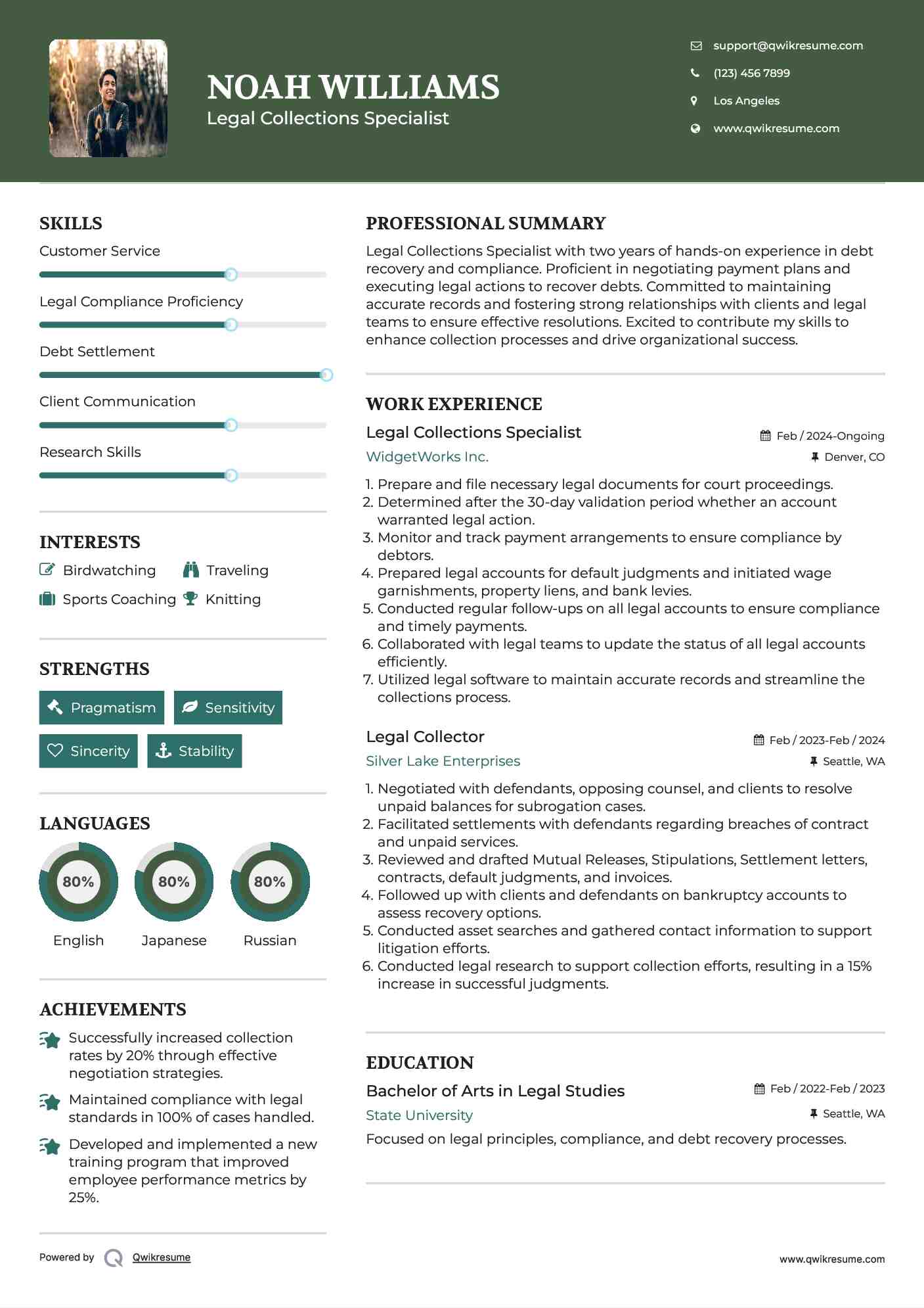 Legal Collections Specialist Resume Template
