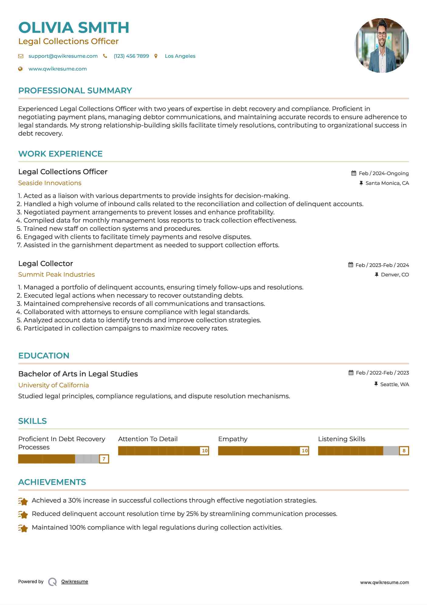 Legal Collections Officer Resume Format