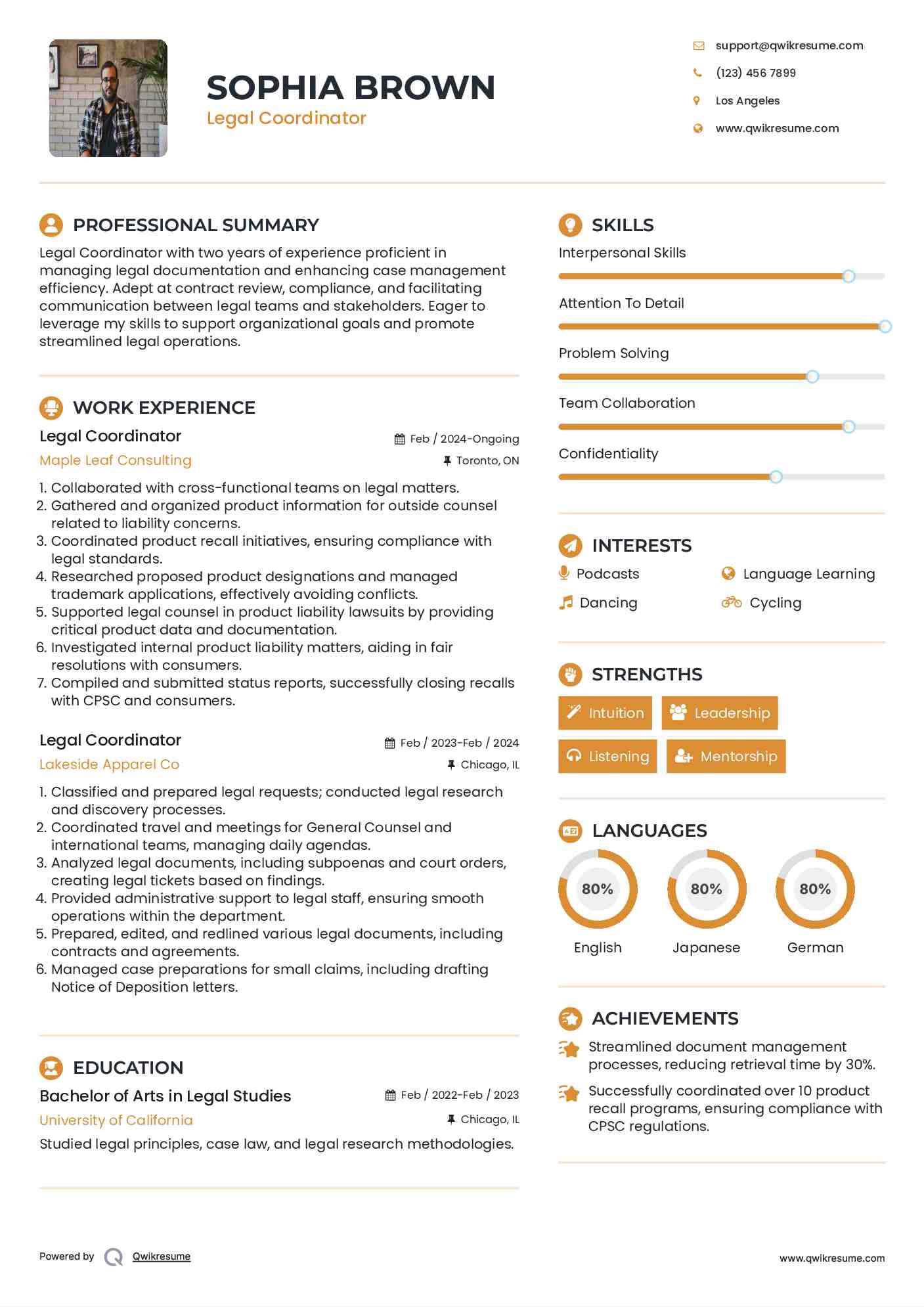 Legal Coordinator Resume Sample