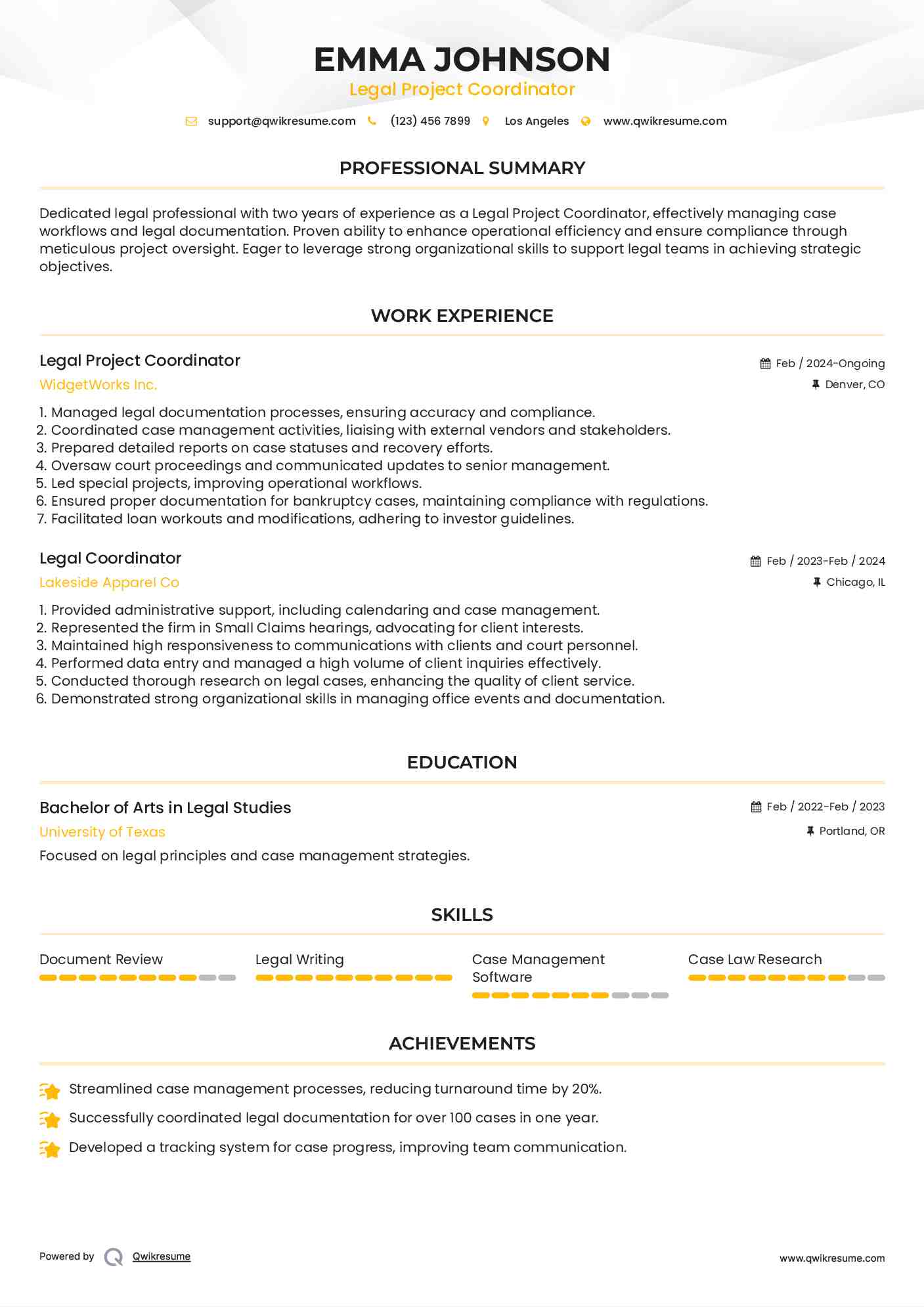 Legal Project Coordinator Resume Sample