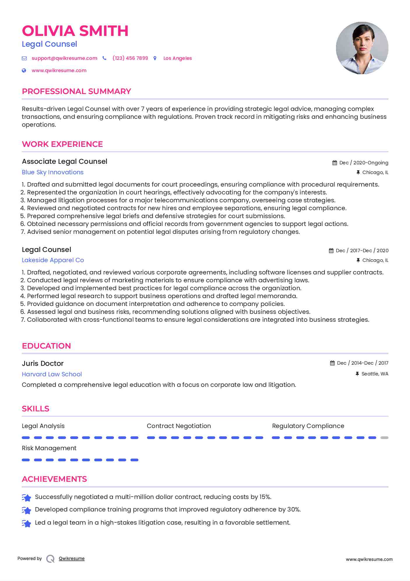 Legal Counsel Resume Samples QwikResume